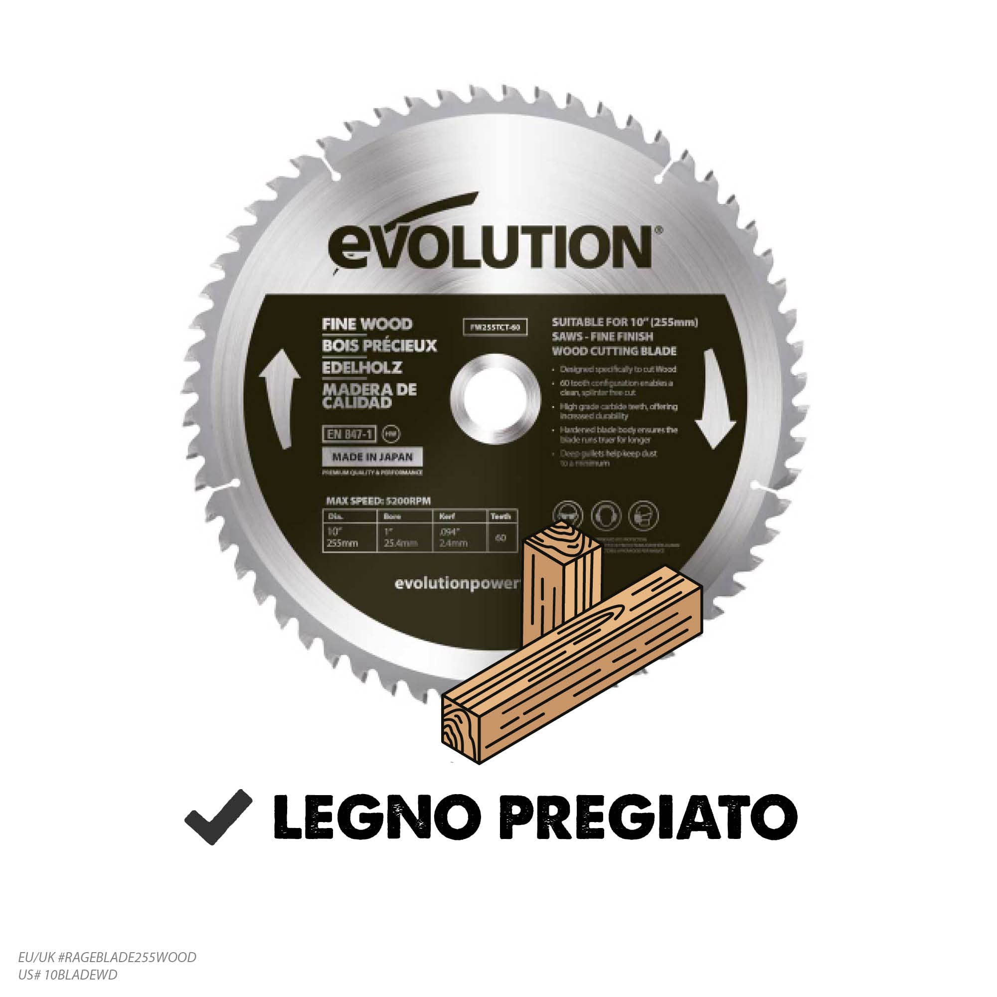 Evolution Power Tools - lama per legno pregiato da 255 mm, lama per sega a taglio incrociato per tagli migliori su legno duro e tenero, lamiere, per circolari, disco sega