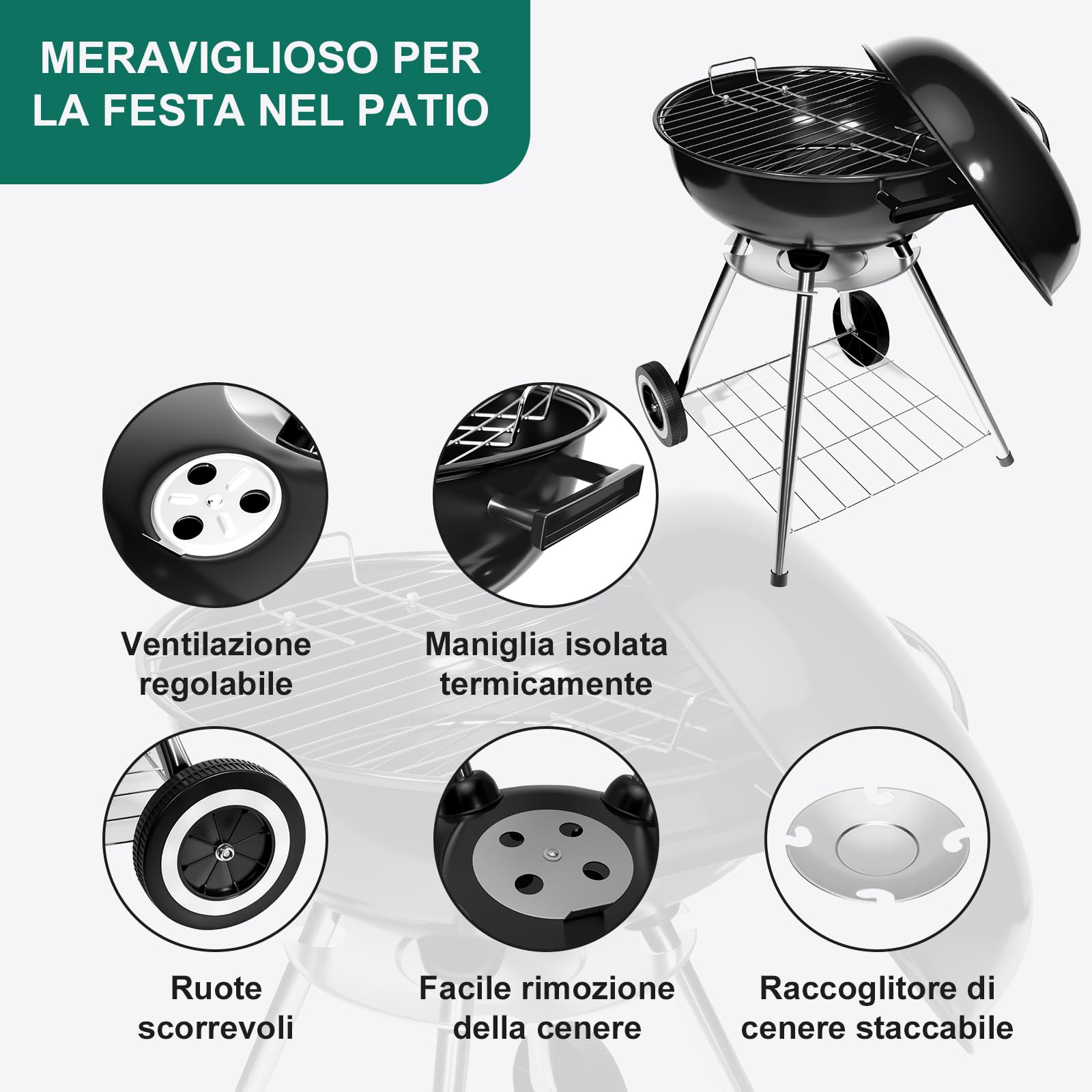 HYCHIKA Barbecue a Carbonella Tondo, Ø47cm 18pollici Grill BBQ Carbonella Compatto con Coperchio e Ruote, per Giardino Balcone Campeggio