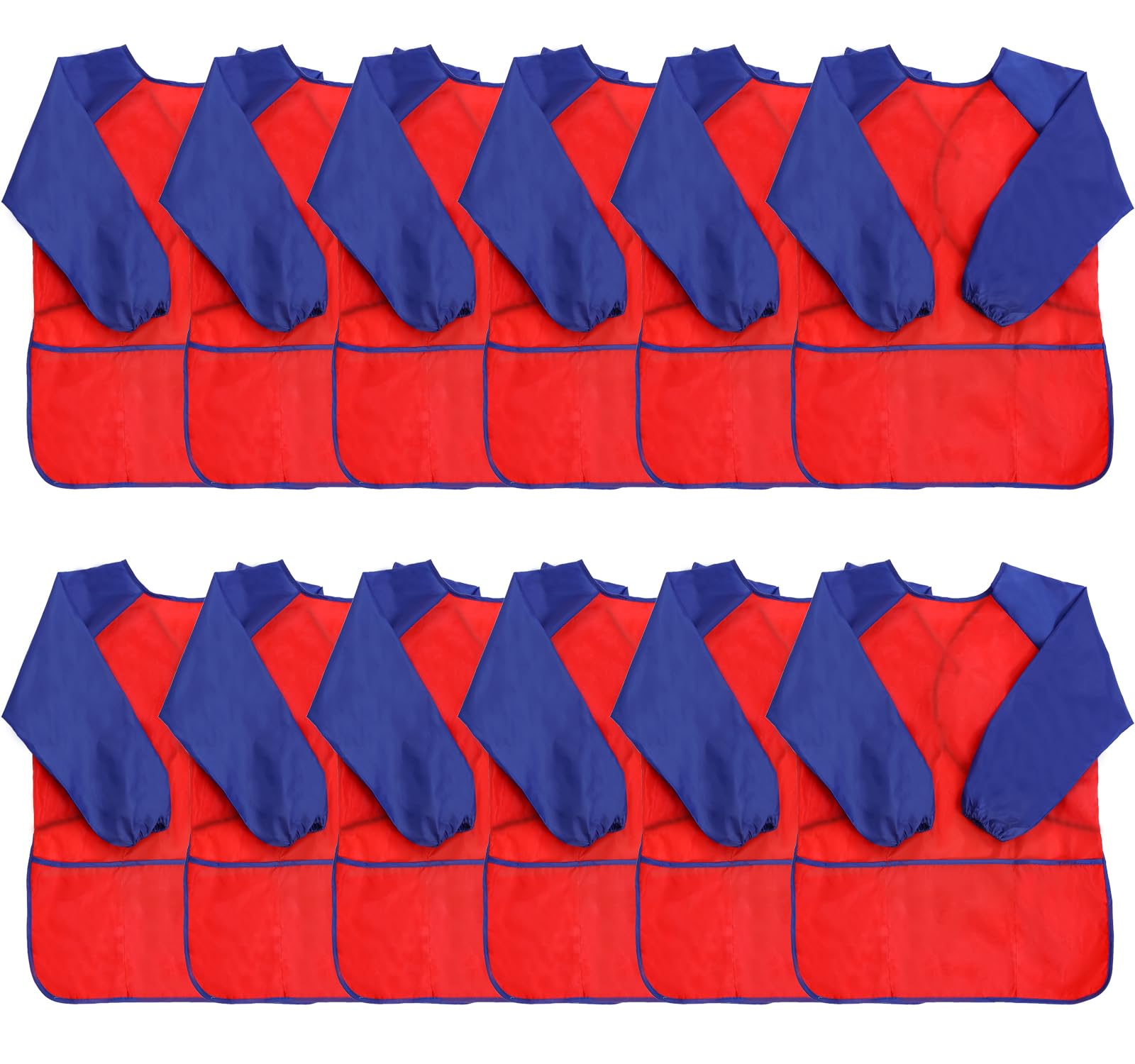 XIEJINJIA 12 Pack Kids Art Smock with Long Sleeve 3 Roomy Pockets Artist Children Play Aprons for Age 3-8 Painting CraftRed