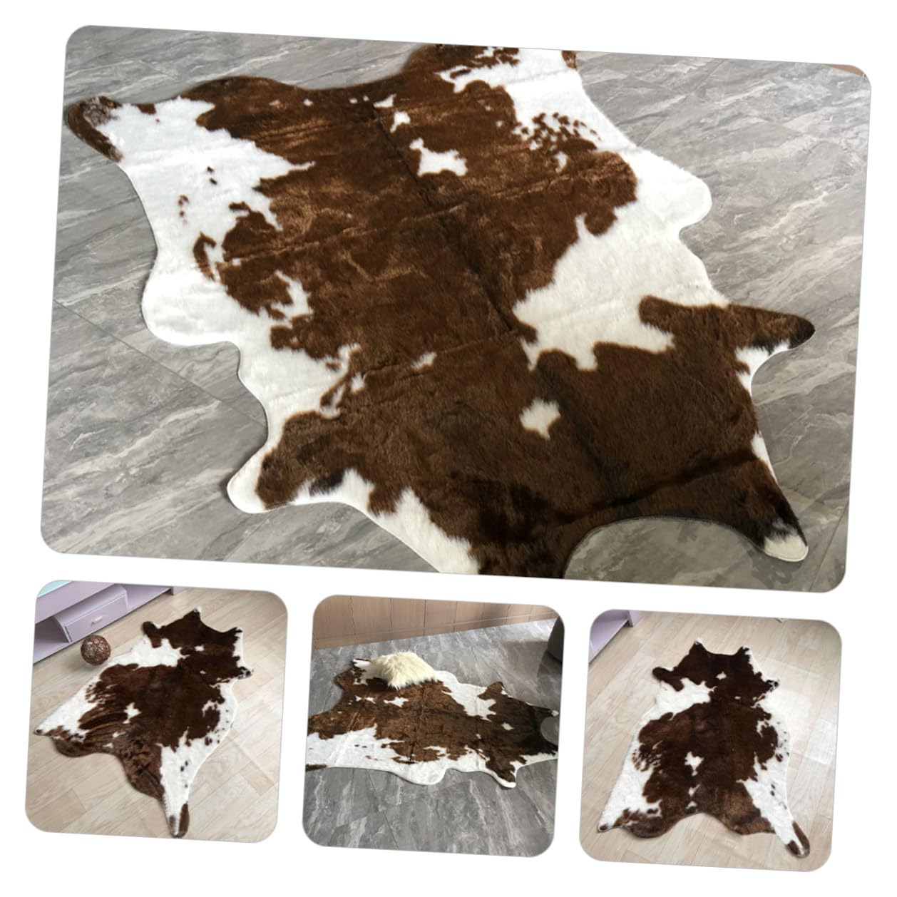 Tapis Doux Confortable et Chaleureux Motif Peau de Vache Marron Imitation Cuir Léger et Décoratif Tapis de Sol Touffeté pour Salon ou Chambre