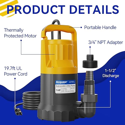 Vista 6 de Acquaer Bomba de sumidero 1HP, bomba de agua sumergible de 4345 GPH para eliminación de agua en jacuzzis, piscinas, sótanos y estanques de jardín
