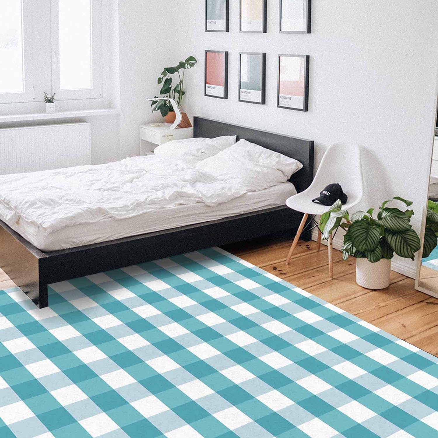 Teal Checkered Area Rugs for Living Room/Bedrooom, 4'x6' Area Rug Non-Slip, Farmhouse Aqua White Buffalo Plaid Kids Room Area Rug Washable Accent Floor Carpet Runner Indoor Outdoor