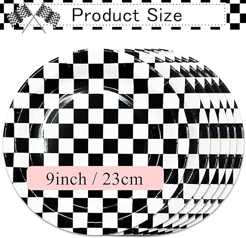 Miniatura 2 de SietDESEO 50 platos de auto de carreras de 9 pulgadas, platos de papel a cuadros blancos y negros para fiestas temáticas de carreras, cumpleaños,