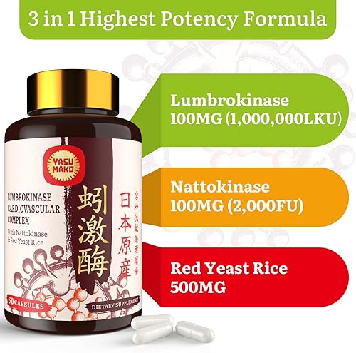 Miniatura 3 de Lumbrokinase 100mg (Max Activity 1,000,000 LKU),Nattokinase 100mg-2,000 FU of Activity and Red Yeast Rice 300mg, Lumbrokinase Enzymes Supplement for