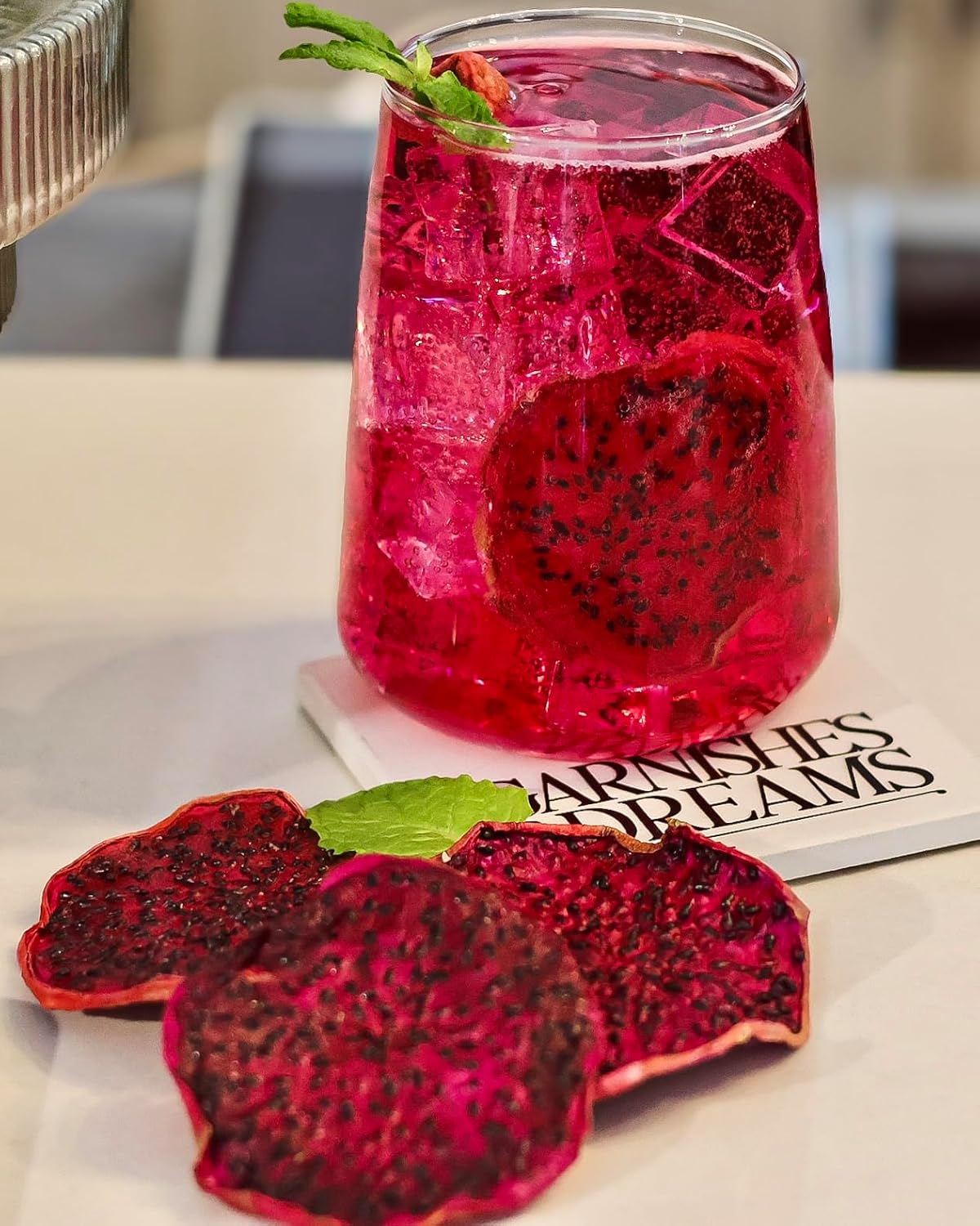 Garnishes & Dreams Dehydrated & Dried Purple Dragon Fruit (5.5oz) – Natural Exotic Tropical Fruit Chips for Cocktails, Mixology, Baking & Desserts, No Sugar Added, Edible Dried Fruit Garnish