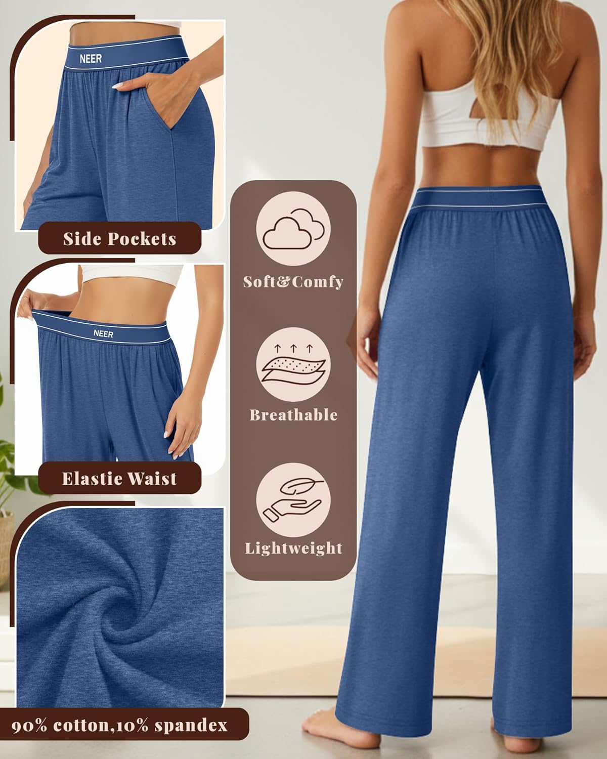 Neer 3 Pack Women's Cotton Lounge Pants High Waisted Wide Leg Yoga Pants Casual Comfy Athletic Loose Sweatpants with Pockets - Image 4