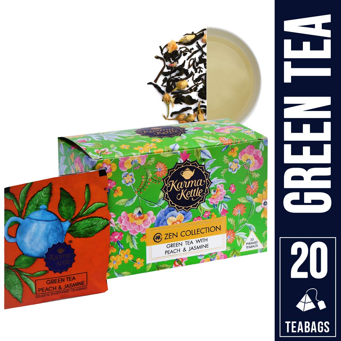 Karma Kettle Zen Collection Green with Peach and Jasmine, 20 Pyramid Tea Bags - Natural Detox | Aromatherapy |Healthy Skin | Metabolism Booster - Image 2 thumbnail