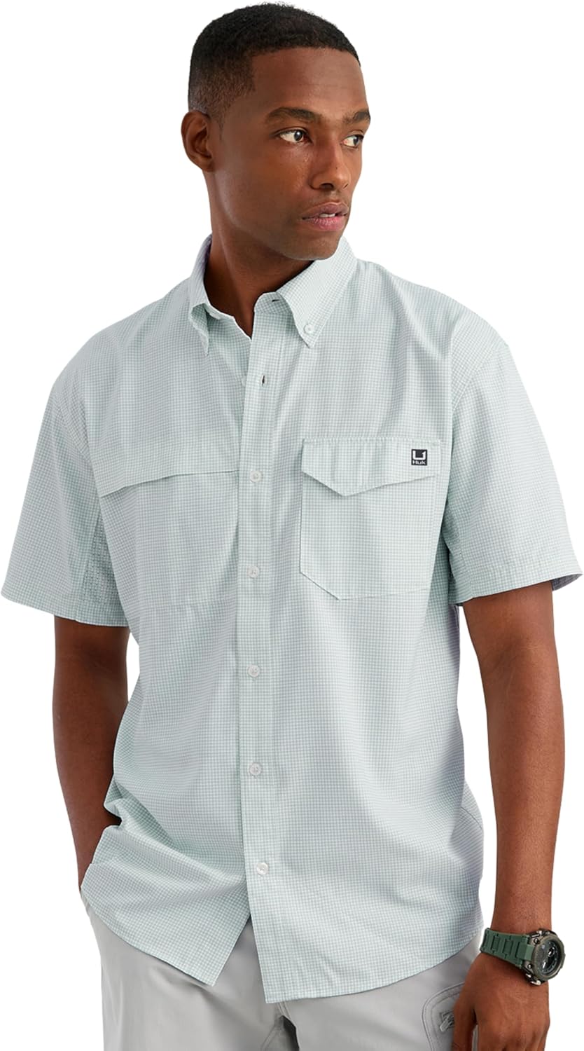 HUK Men's Tide Point Pattern Short Sleeve Shirt, Fishing Button Down