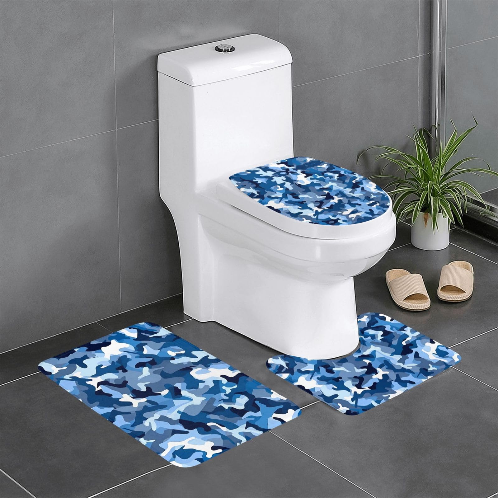 Tapis de salle de bain bleu pour WC et coiffeuse ambiance moderne
