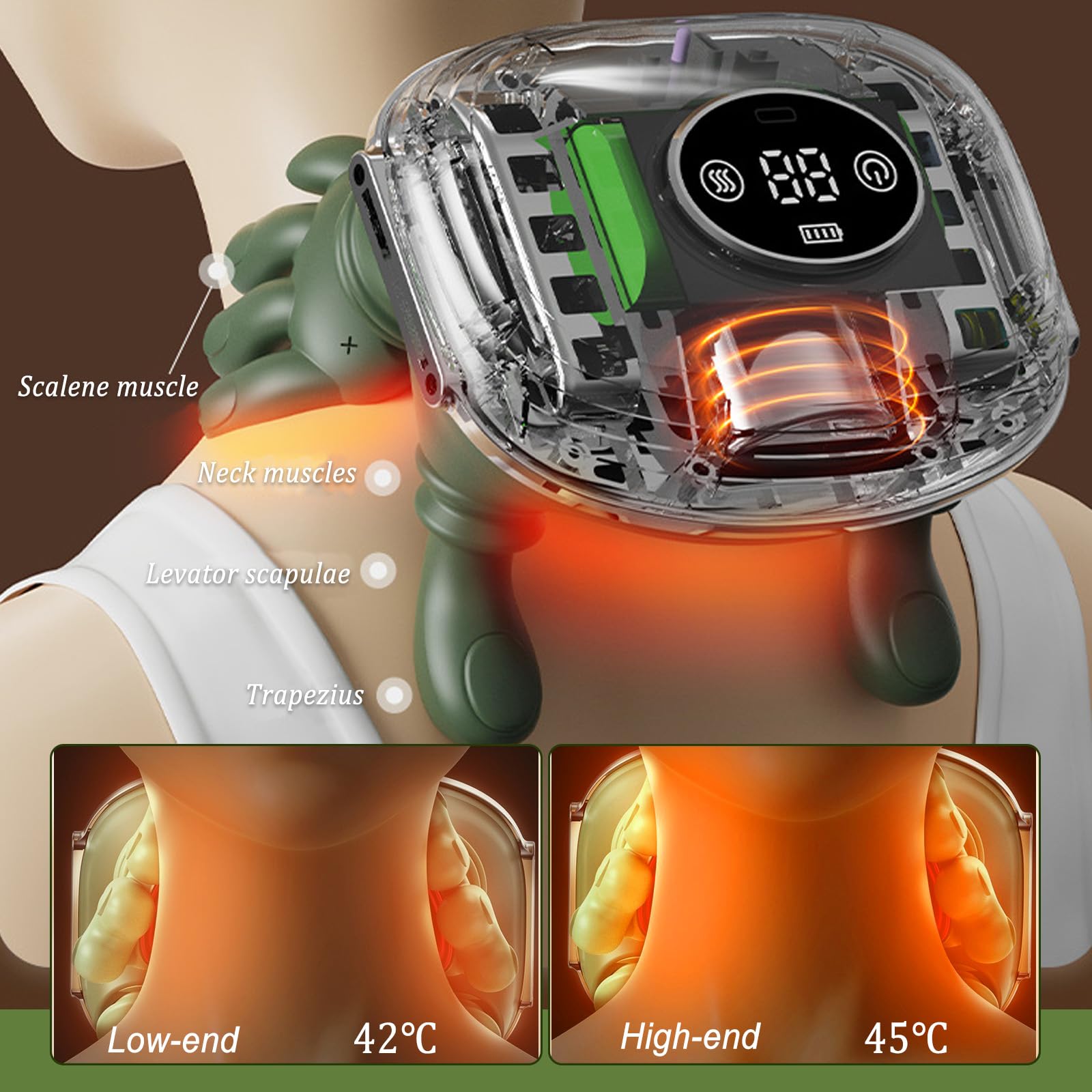 Masajeador Cervical y Espalda 4D Biónico Eléctrico Shiatsu Portátil con 3 Niveles de Intensidad y 2 Niveles de Calor (Verde)