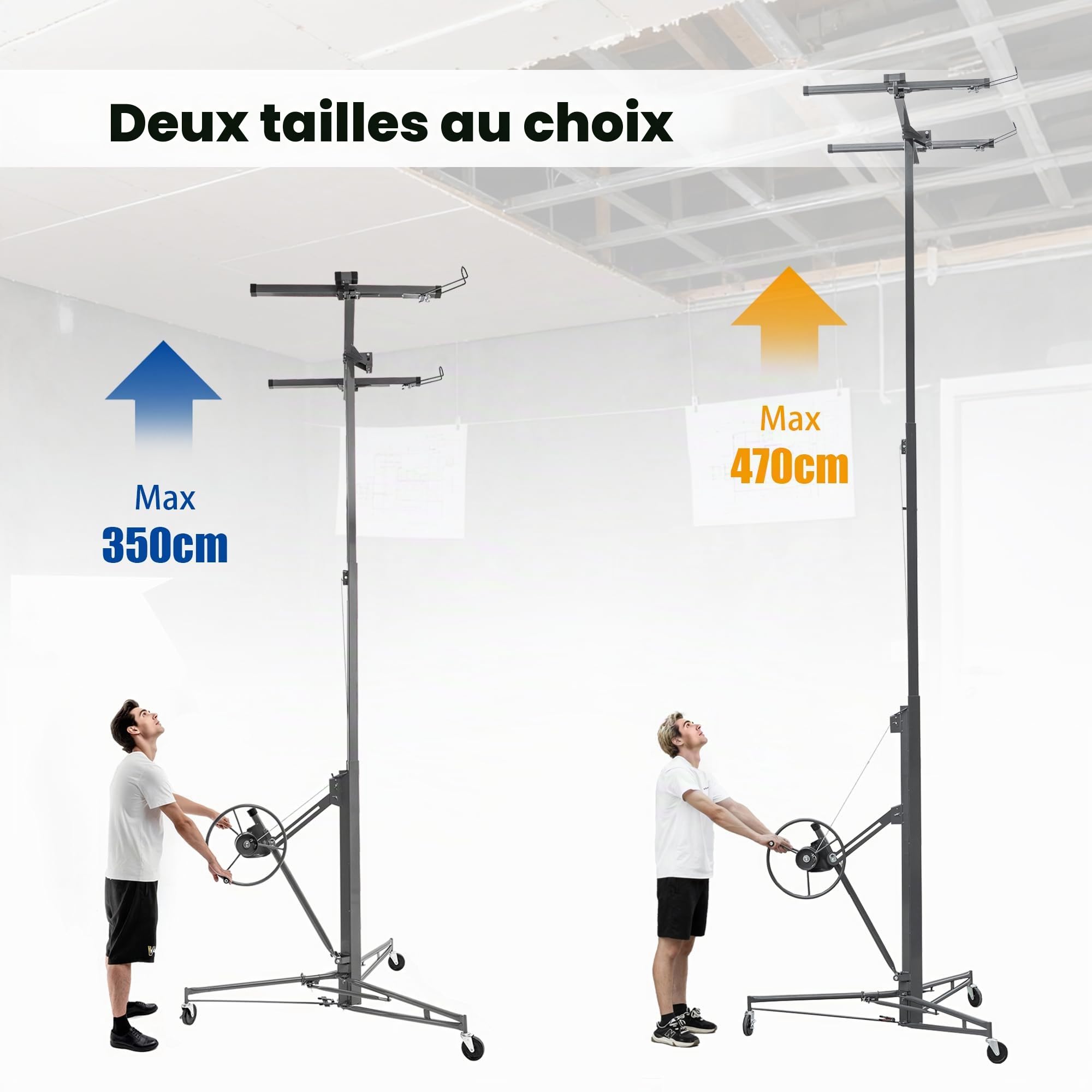 Lève Plaque Manuel 68 kg Monte Plaque à Crémaillère, Hauteur Réglable 140-350 cm, Inclinaison 60°, Chariot de Levage Pliable pour Placo Plafonds, Roues Freinées Mobil et sécurisé