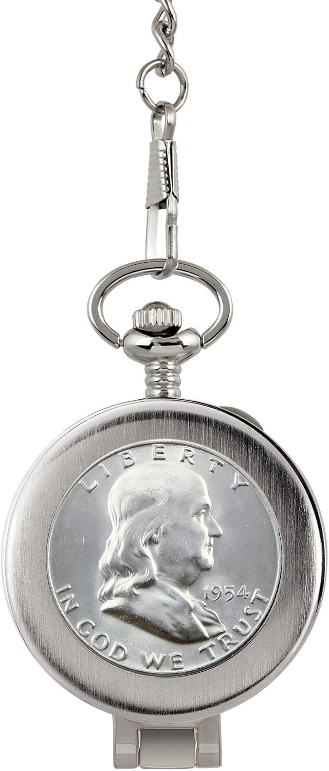 American Coin Treasures U.S. Coin Pocket Watch with Skeleton Movement | Silver Franklin Half Dollar | Sweeping Second Hand, Magnifying Glass | Silvertone Case | Certificate of Authenticity