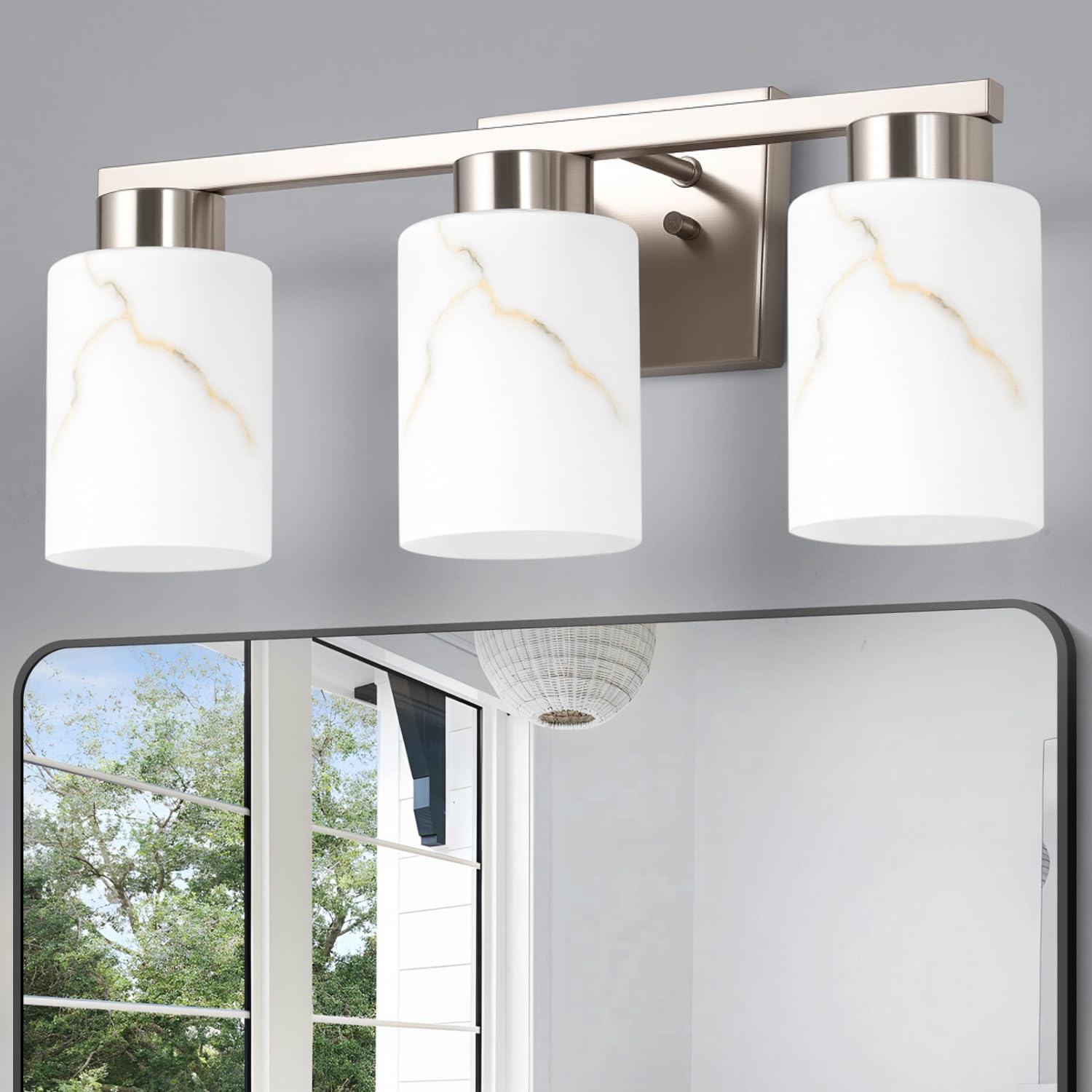 Photo 1 of Mieloxiy 6-Light Bathroom Light Fixtures, Modern Vanity Lights, Brushed Nickel Metal Wall Lamp with White Marble Glass for Bathroom, Mirror, Living Room, Bedroom, Cabinet, Porch, Hallway, E26 Base
