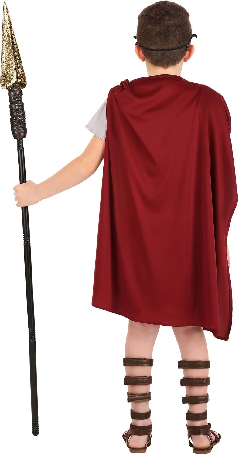 Roman Warrior Costume for Kids, Boy's Gold Adorned Brown Tunic with Red Cape and Leaf Circlet