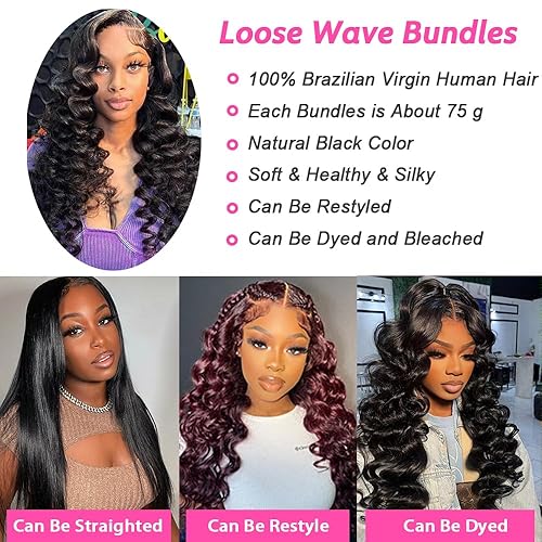 Miniatura 4 de Weydlor Extensiones de cabello humano con encaje frontal de 13 x 4, 18, 20, 22+16 pulgadas, 3 paquetes con encaje frontal, 100% cabello humano,