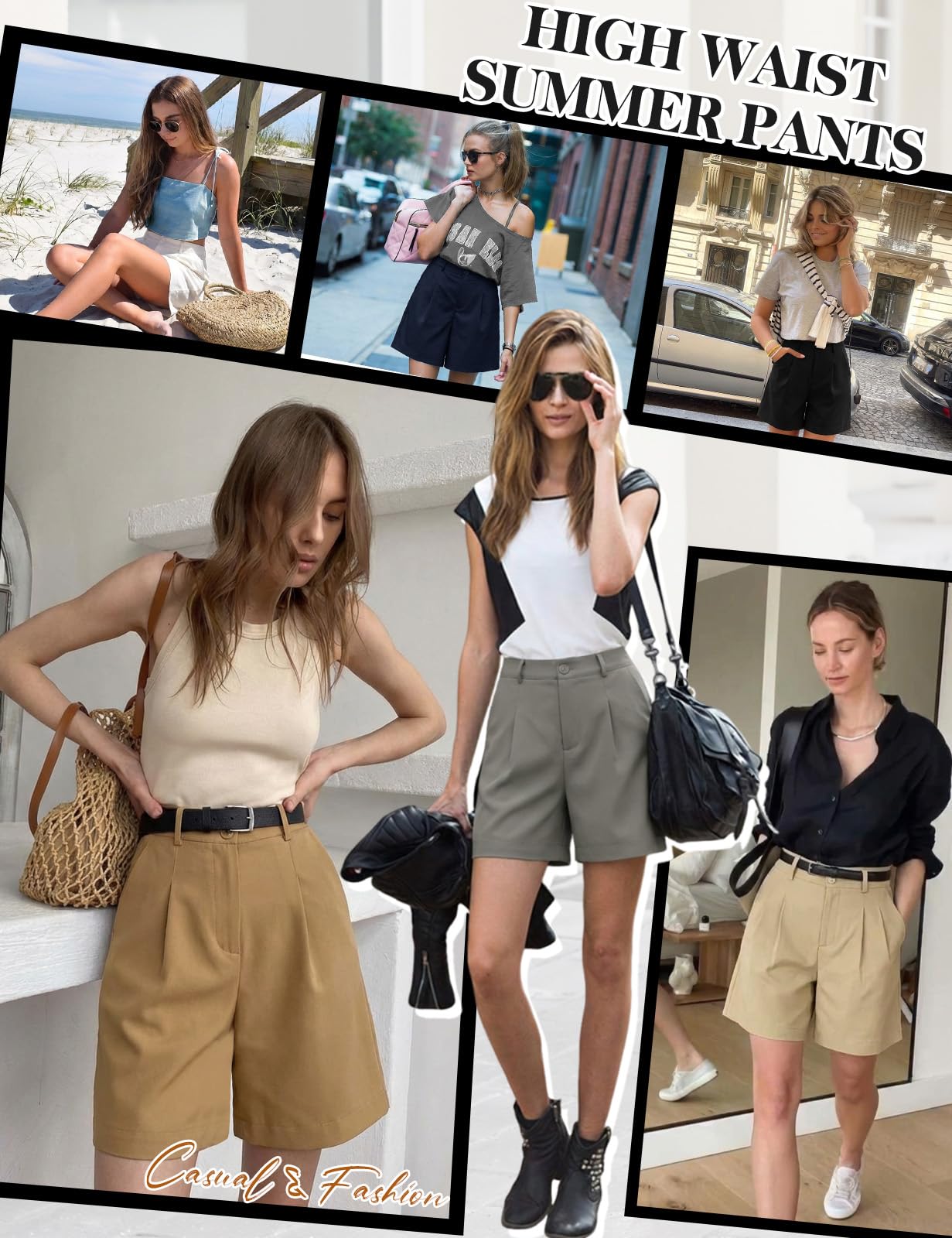 Short Femme Bermuda Cargo Été Shorts Taille Haute Élastique Jambes Larges Pantalon Court Couleur Unie Short Long de Décontracté Travail avec Poches