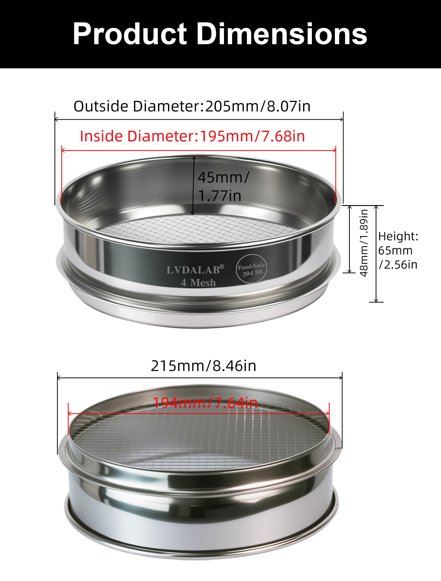 Stainless Steel Lab Sieve - 8" (20cm) -4 Stainless Steel Lab Sieve - 8" (20cm) -4