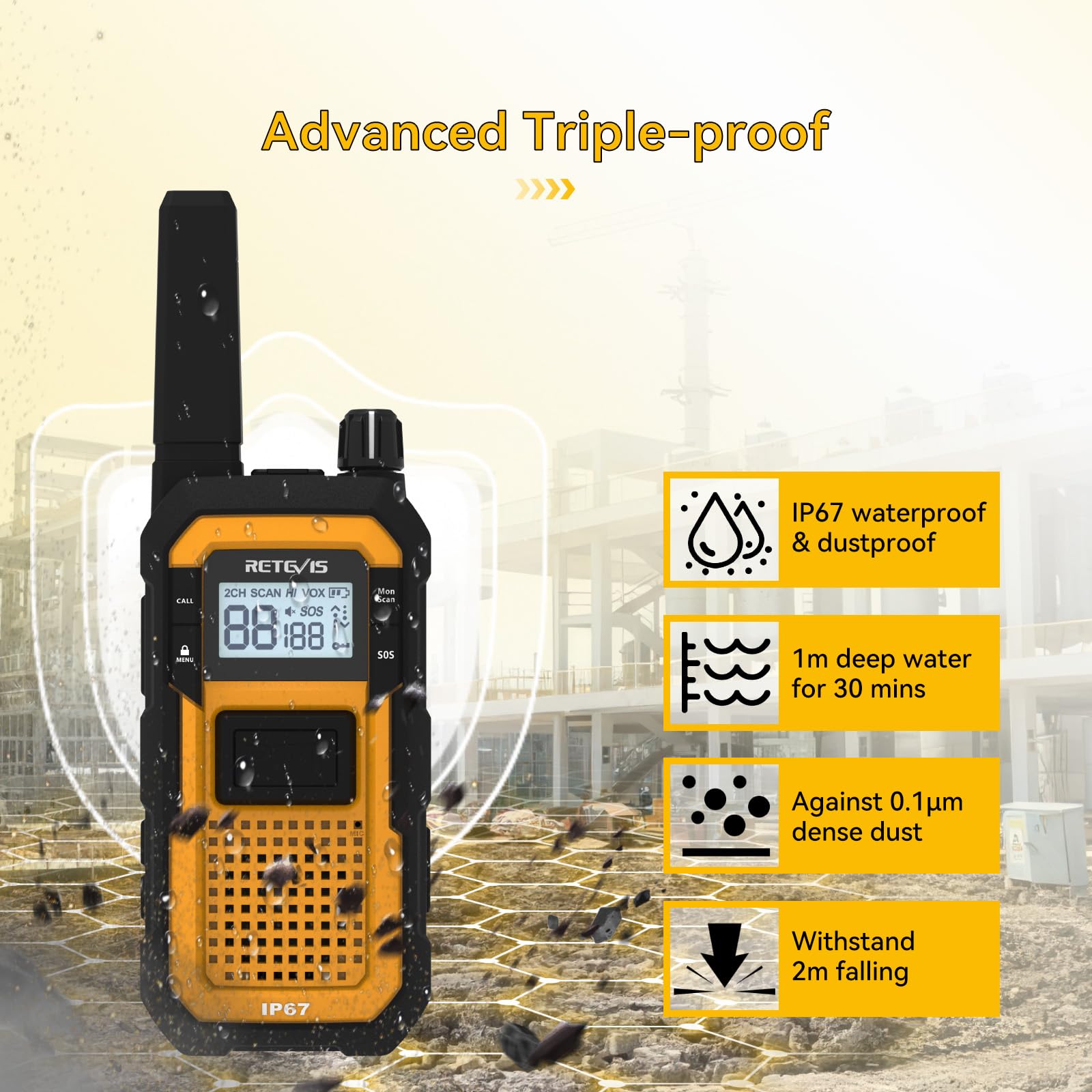 Retevis RB648 Impermeabile Walkie Talkie IP67, Ricetrasmittenti con Caricabatterie a 6 Vie, 2000mAh, Doppio PTT, VOX, Walkie Talkie Robusti per Adulti, Cantieri, Industriali (6 Pezzi, Giallo)