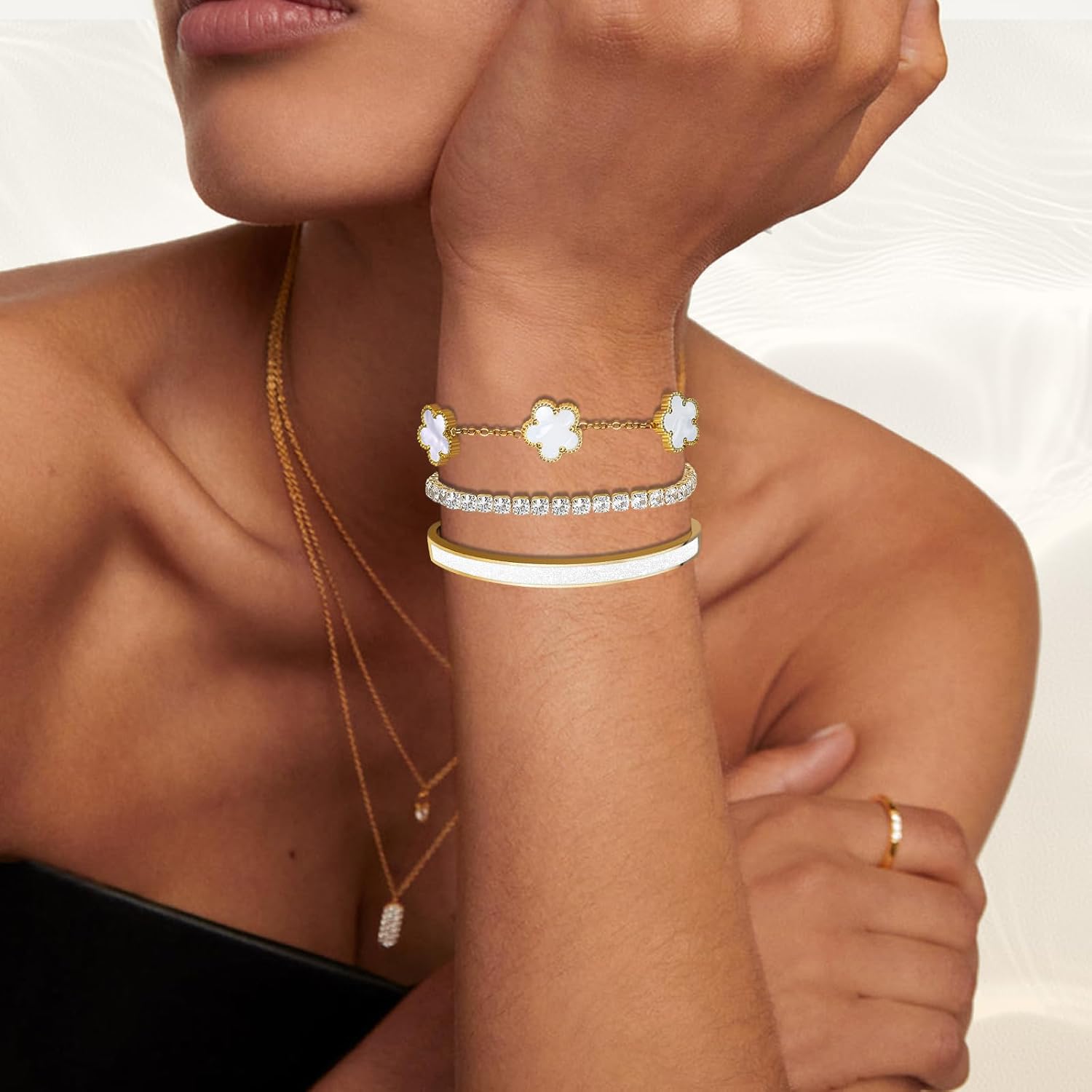 Gold Bracelets for Women, 18K Gold Plated Tennis Nail Clover love Bangle Bracelets Set Non Tarnish, Stainless Steel Trendy Stackable Bracelet Fashion Jewelry Accessories Gifts for Christmas - Image 2