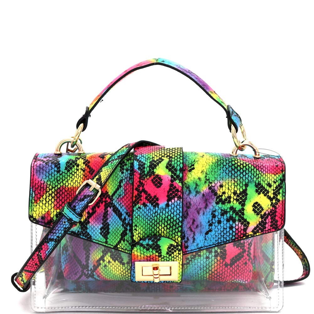 Multicolor Snake Print Pouch Clear Chain 2 Way Shoulder Bag Crossbody Stadium (1Medium Top-Handle Clear Satchel - Bright Multi)