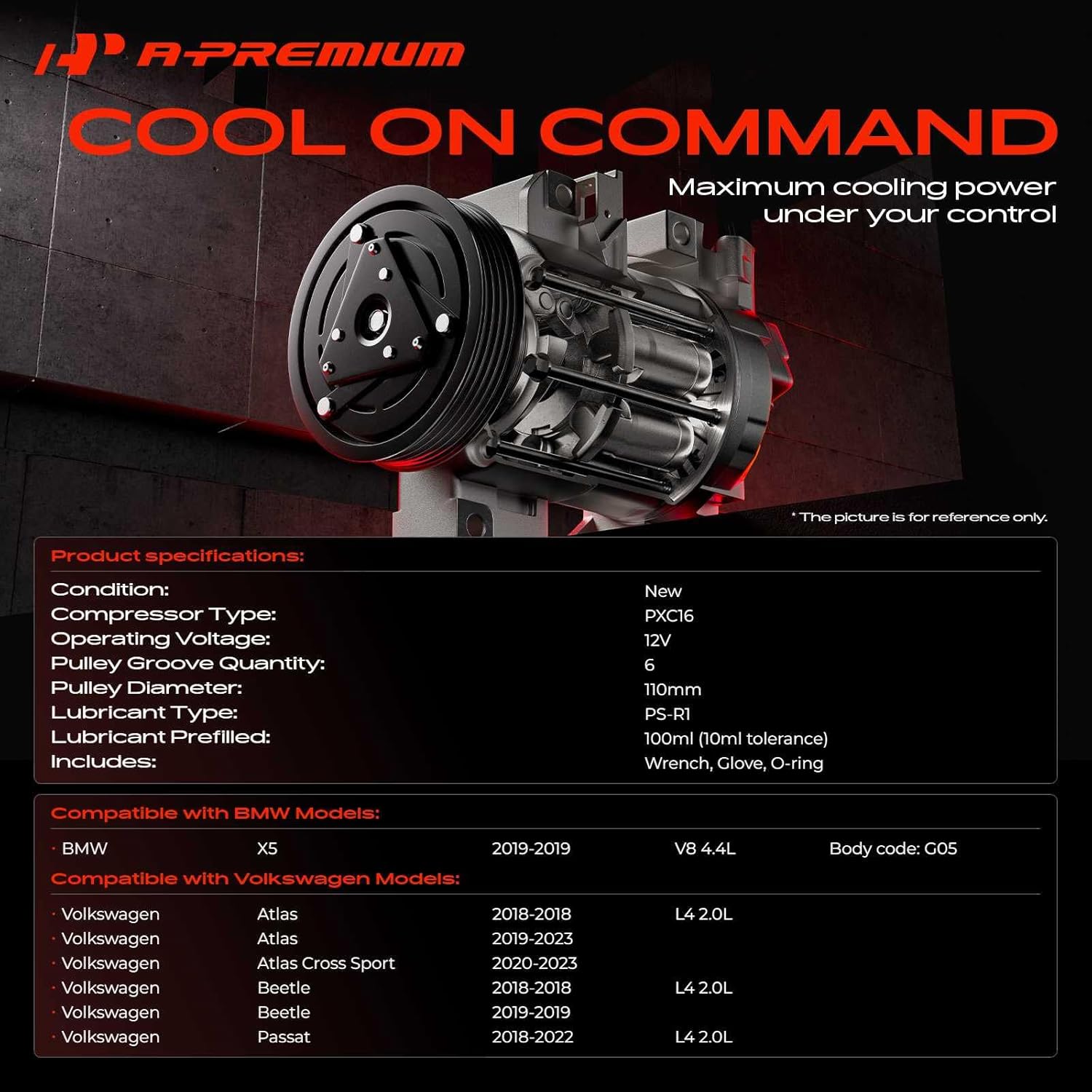 A-Premium A/C Compressor with Clutch & Electronic Control Valve Compatible with Volkswagen Beetle 2018-2019, Passat 2018-2022, Atlas 2018-2022, Atlas Cross Sport 2020-2022, BMW X5 2019-2019