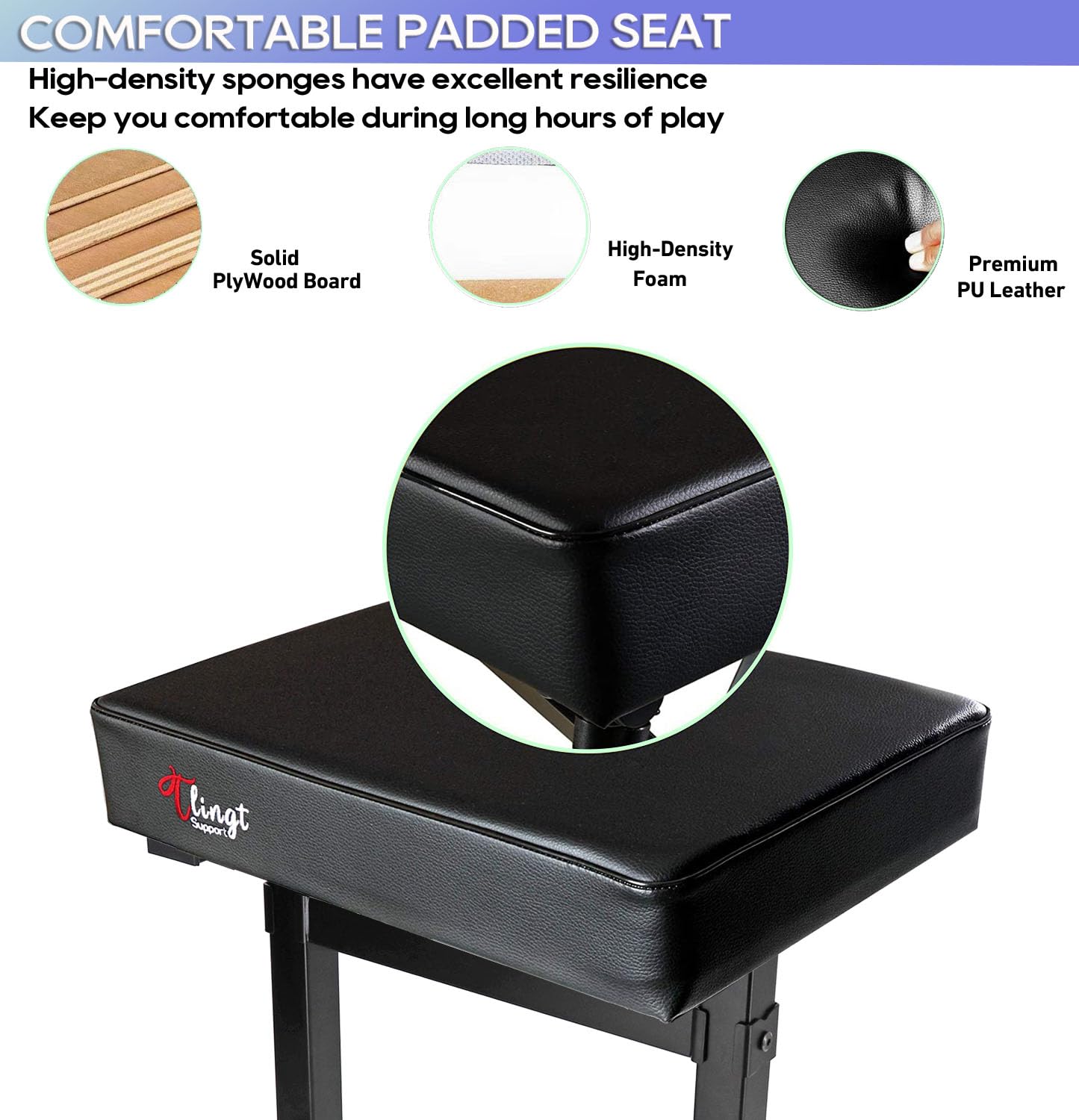 Tlingt Banco de teclado de apoyo, asiento acolchado, banco de piano, taburete ajustable para teclado