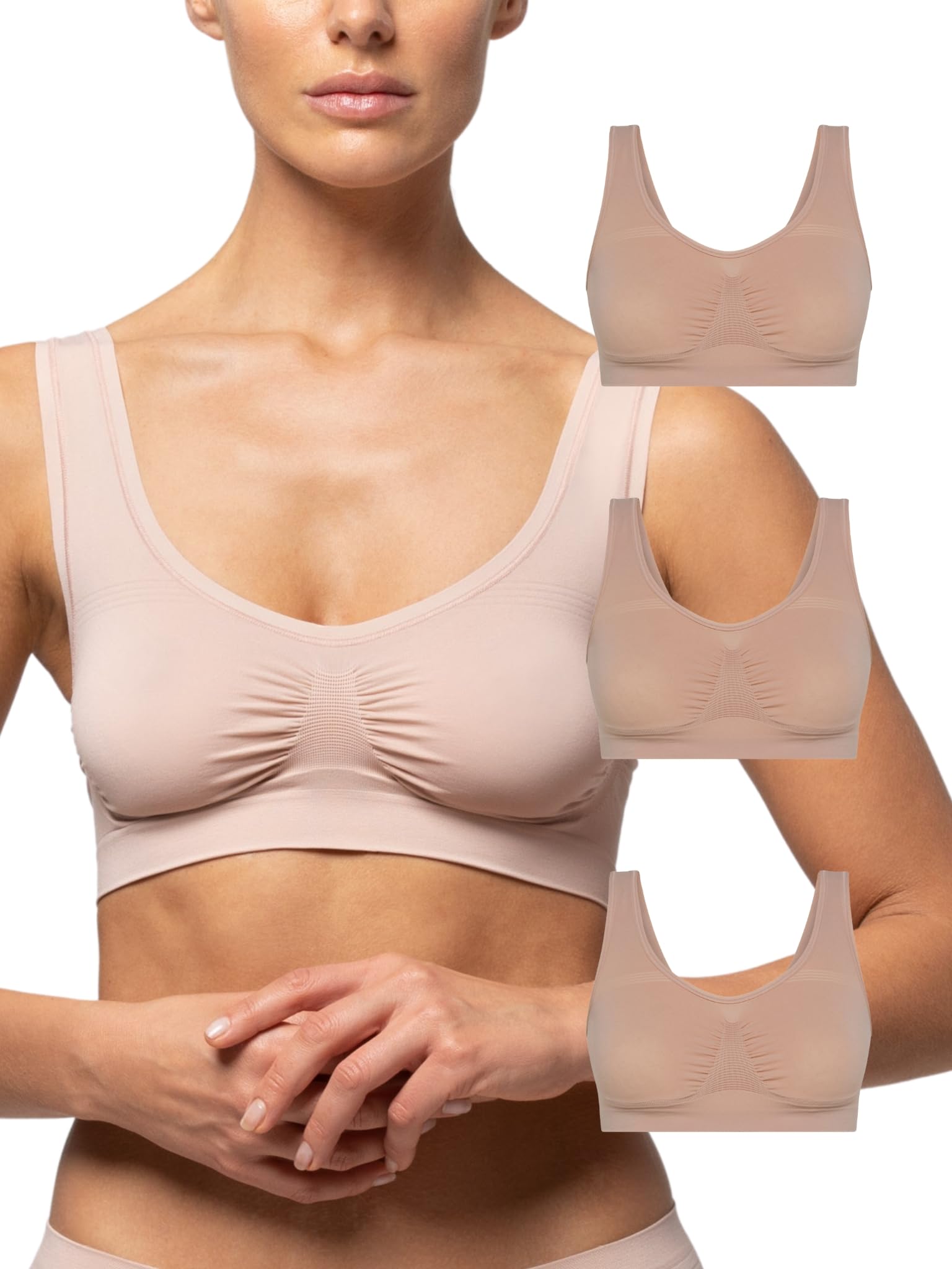 POMPEA 3 Pezzi Reggiseno Senza Ferretto Invisibile, Brassiere Seamless in Morbida Microfibra con Spalla Larga, Effetto Seconda Pelle