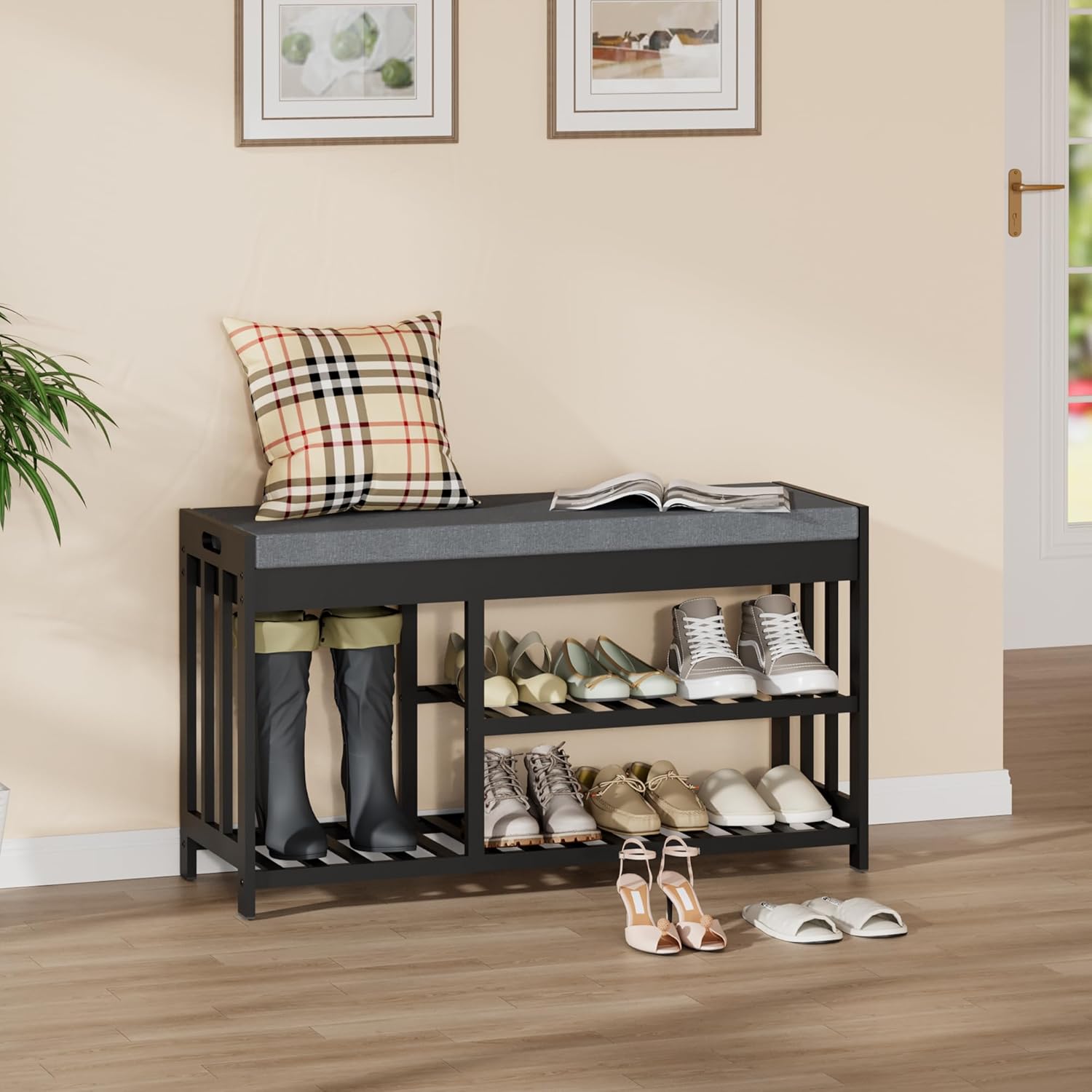 Shoe Rack Bench with Cushion,2 Tiers Shoe Bench with Flip-Top Storage,Wood Shoe Rack for Entryway, Hallway, Bedroom, Front Door Entrance (Black) image 3 of 7 B0F5WQ5VWC