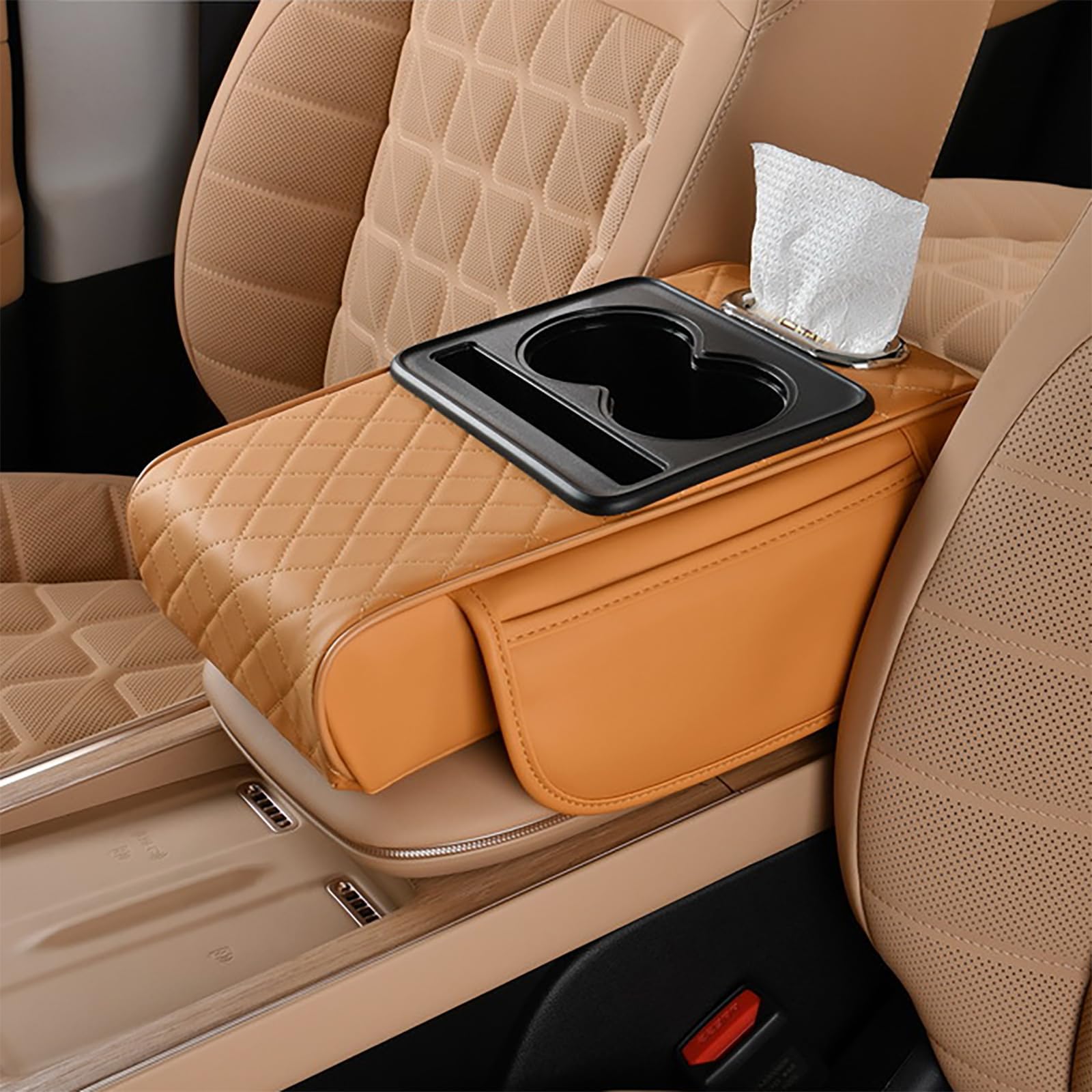 Car Center Console Cover for Toyota Hilux Double Cab 2001-2025, Microfiber Leather Armrest Cushion 5-in-1 Center Console Cover with 2 Storage Bags Cup Holder Tissue Box Interior Accessories