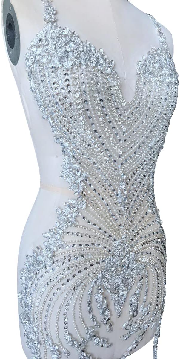 Handmade Big Rhinestones Patches sew on Beads Applique on Same Colour net Dress Clothes Accessory (Red)