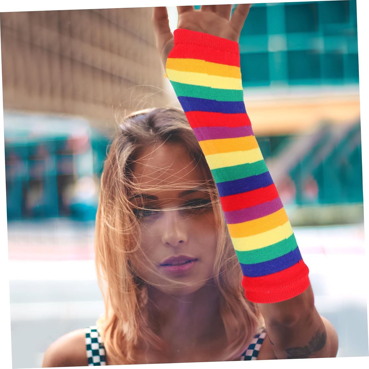 Gatuida 1Set Rainbow Thigh High Socks for Women Over Knee Stockings Arm Warmers for Parties Festivals Special Occasions Comfortable Decorative Reusable Design
