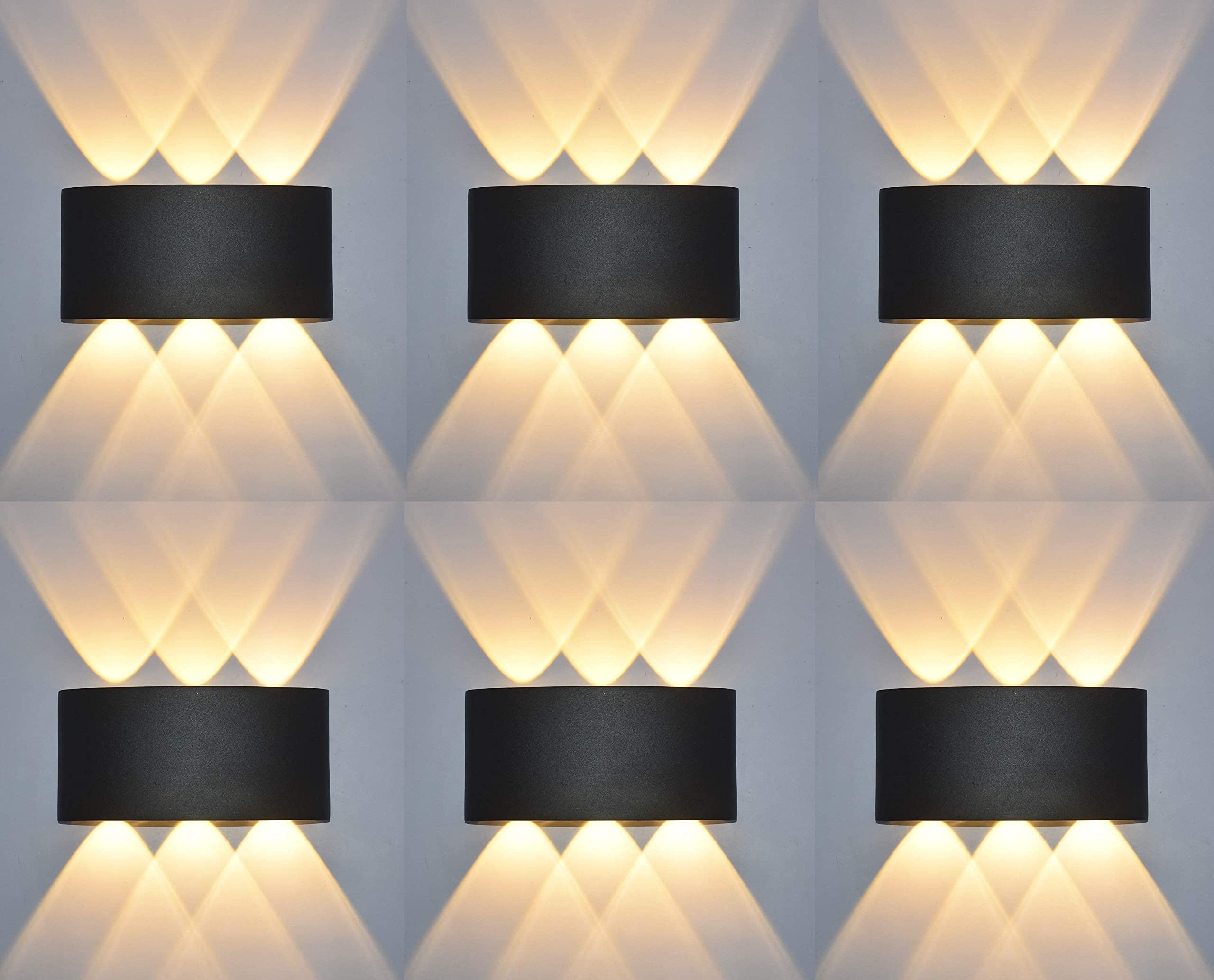 Desidiya® 12 Watts (Pack of 6) 6 Ray Oval Up-Down Outdoor LED Outdoor Waterproof IP65 Exterior Wall Step Light Fixture Waterproof Lamp Warm White, Black Body 6 Way Metal