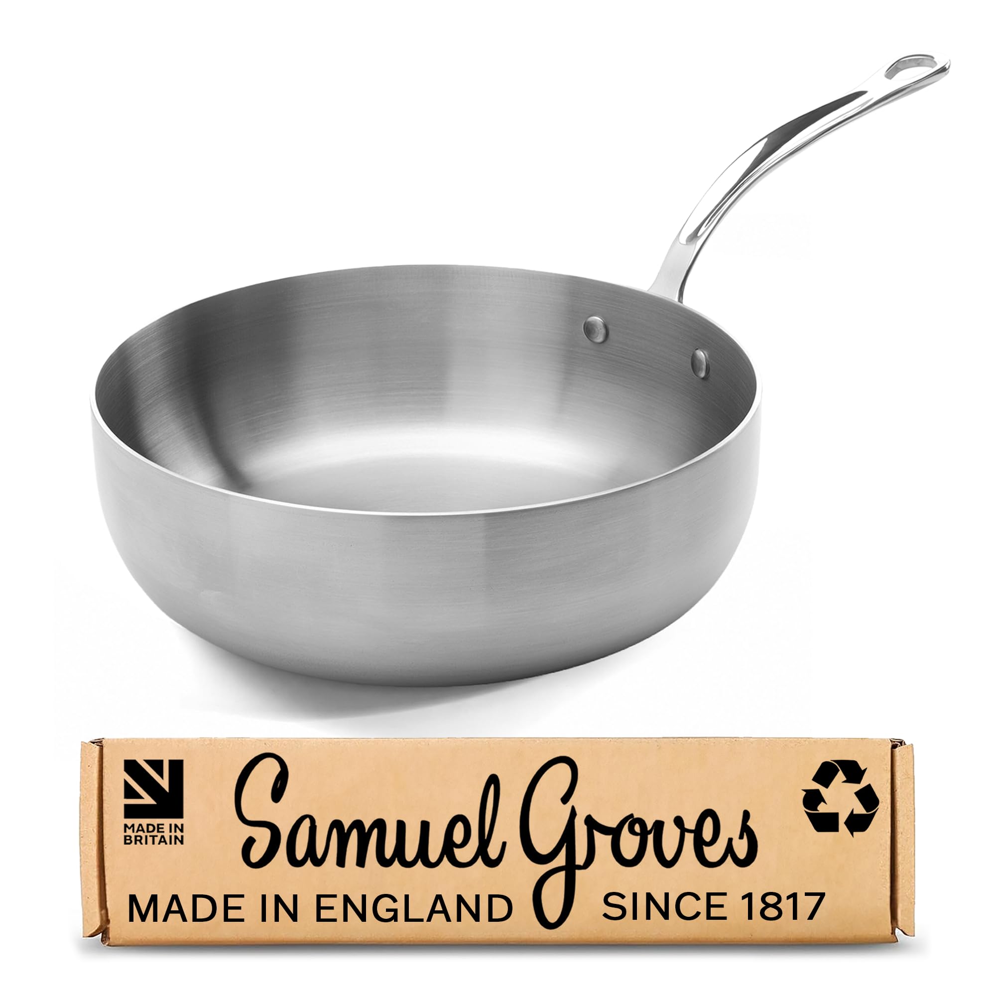 Samuel Groves Stainless Steel Tri-Ply Chef’s Pan with Curved Lid, Fully Clad Sauté Pan, UK Made Induction & Oven Safe Braising Pan. PFAS-Free Uncoated Cookware (Sauté Pan, 28cm)
