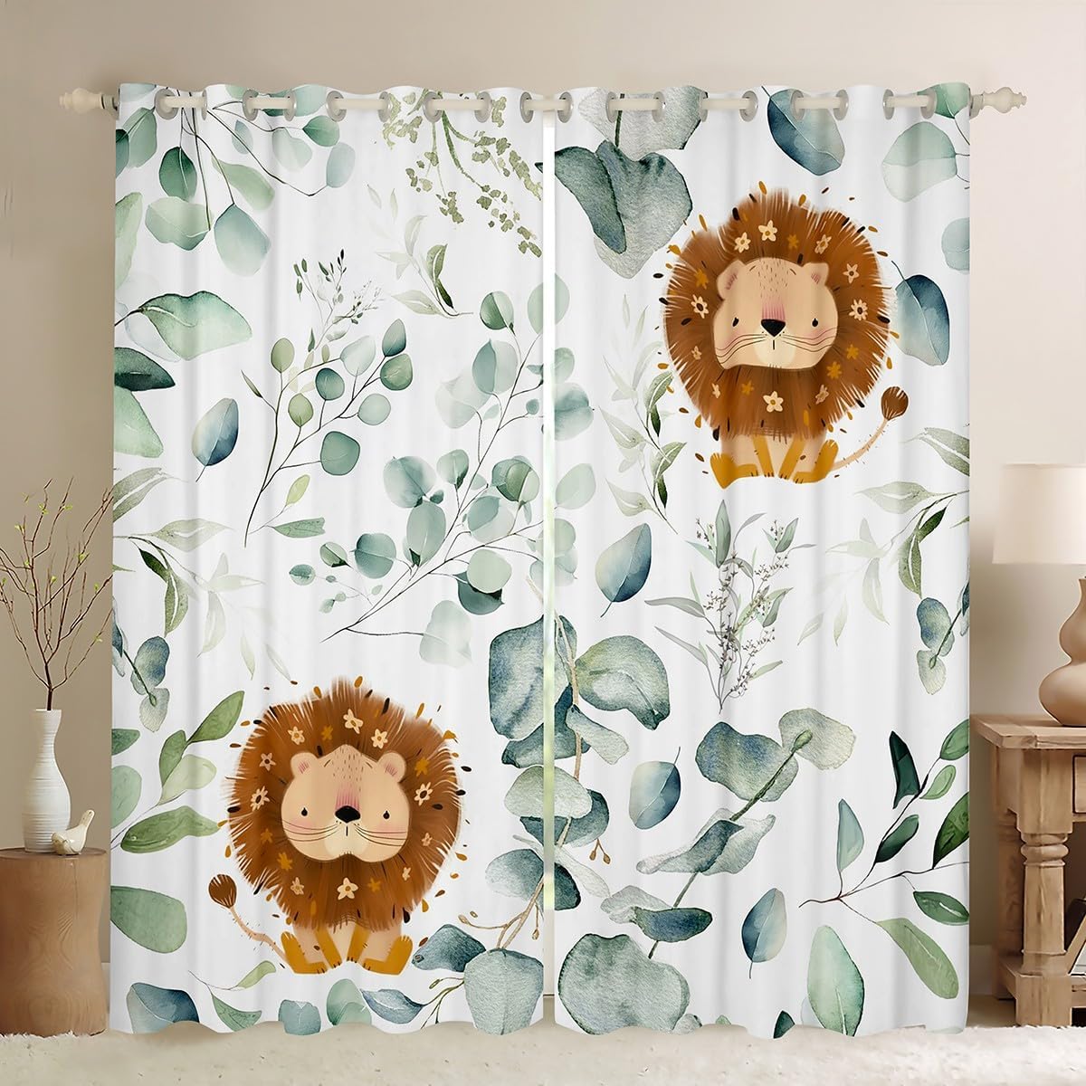 Kawaii Dinosaur Blackout Curtains for Boys Girls Cartoon Animal Dino Curtains, Eucalyptus Leaves Curtains & Drapes Jungle Wildlife Living Room Curtains, Tropical Botanical Plants Window Curtains