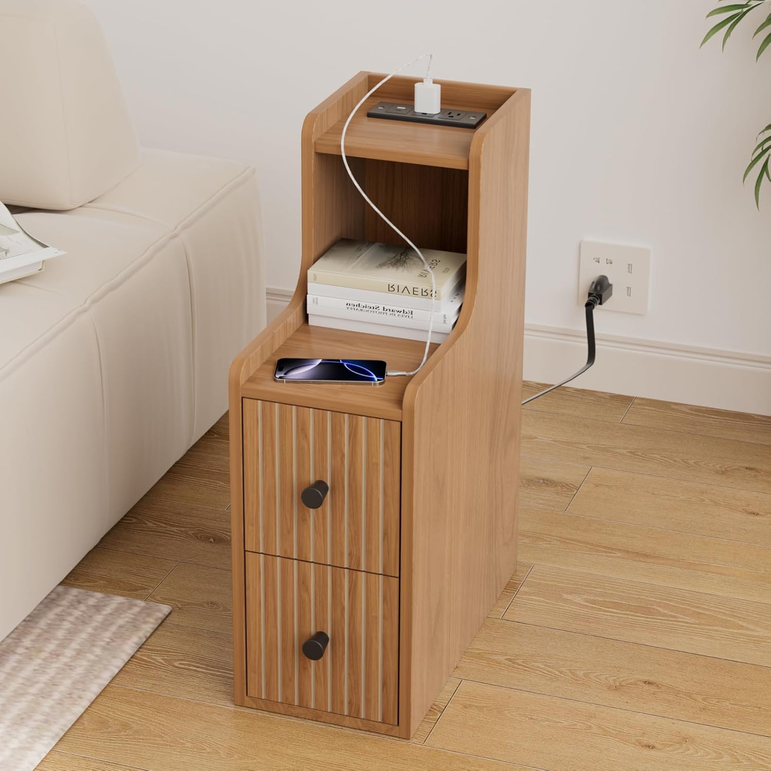 Narrow Side Table with Charging Station, Small Bedside Tables, Mid Century Modern Night Stand with Storage, Wooden Slim End Table for Small Spaces, Bedroom, Living Room