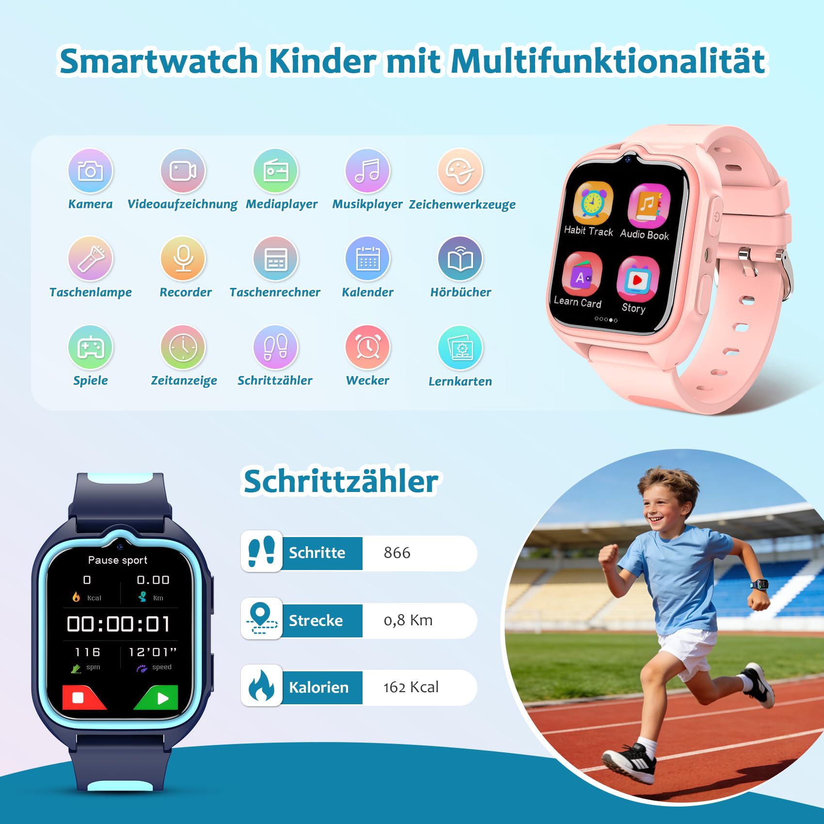 Blackview Smartwatch Kinder, 1,75'' TFT-Touchscreen, 800mAh Akku, langer Akkulaufzeit, integrierte Lernspiele, Lernkarten,Hörbücher, Kurzgeschichten, Wecker, Schrittzähler, Kinderuhr für Junge/Mädchen
