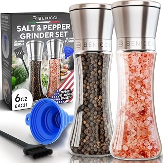 Premium Salt and Pepper Grinder Set of 2 - Two Refillable Stainless Steel Sea Salt & Spice Shakers with Adjustable Coarse Mills - Easy Clean Ceramic Grinders w/BONUS Silicone Funnel & Cleaning Brush
