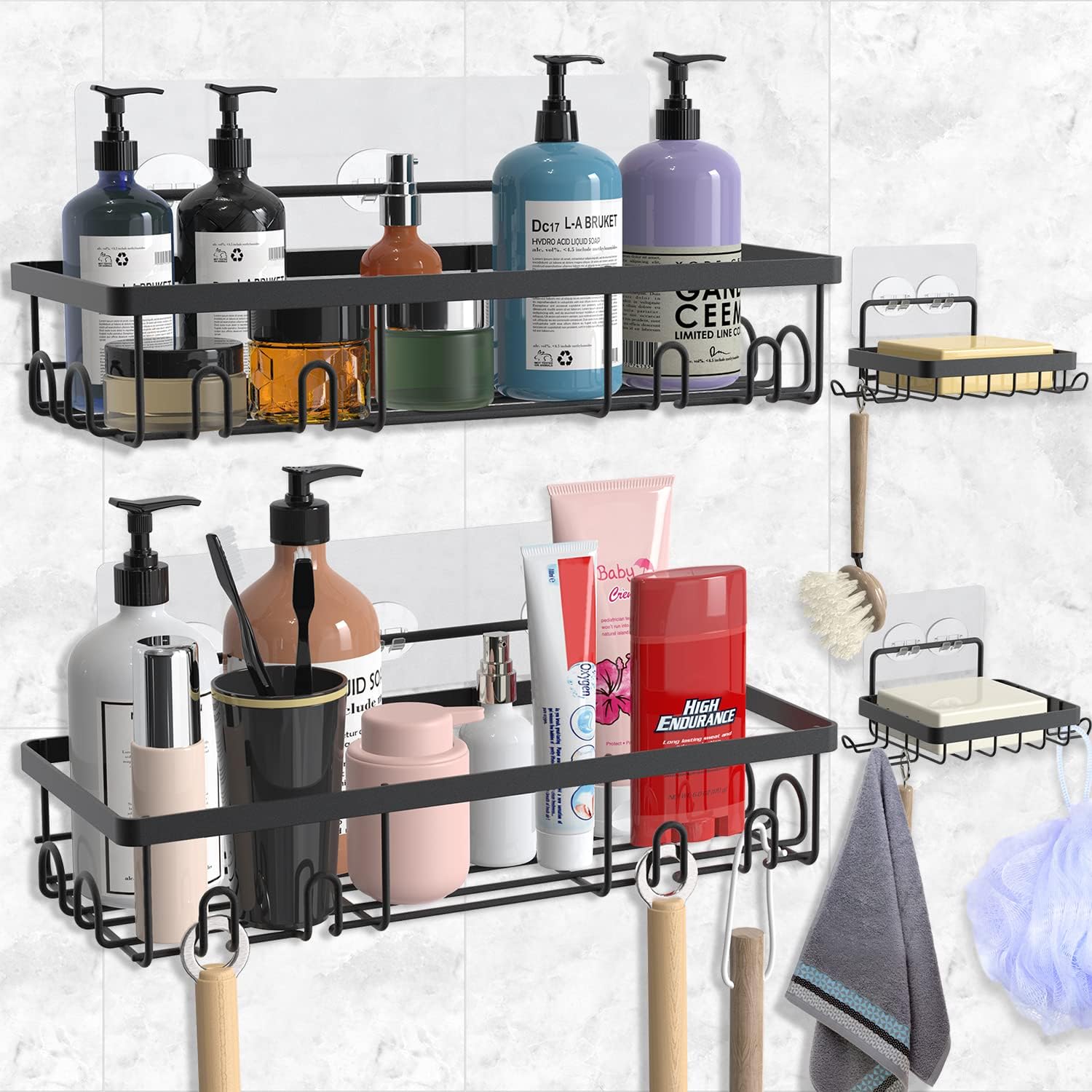 YIROCK Shower Caddy Bathroom Shelf, 4-Pack Adhesive Shower Organizer Shower Shelves with Shower Hooks, No Drilling Rustproof Stainless Steel Shower Caddy Suction for Shampoo Bathroom, Kitchen (Black)
