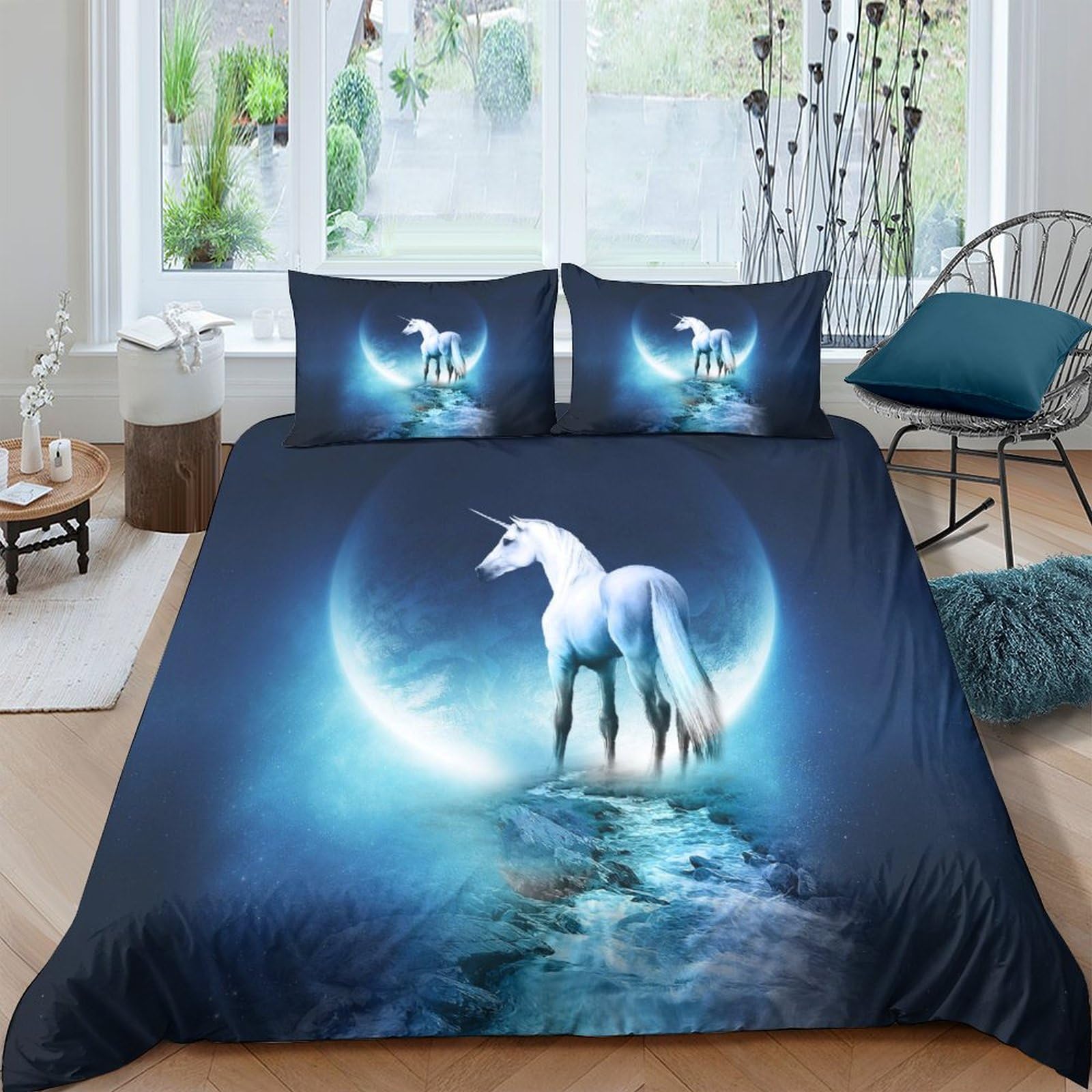 Funda nórdica de caballo blanco 3D para cama king de 220x240 cm con dos fundas de almohada