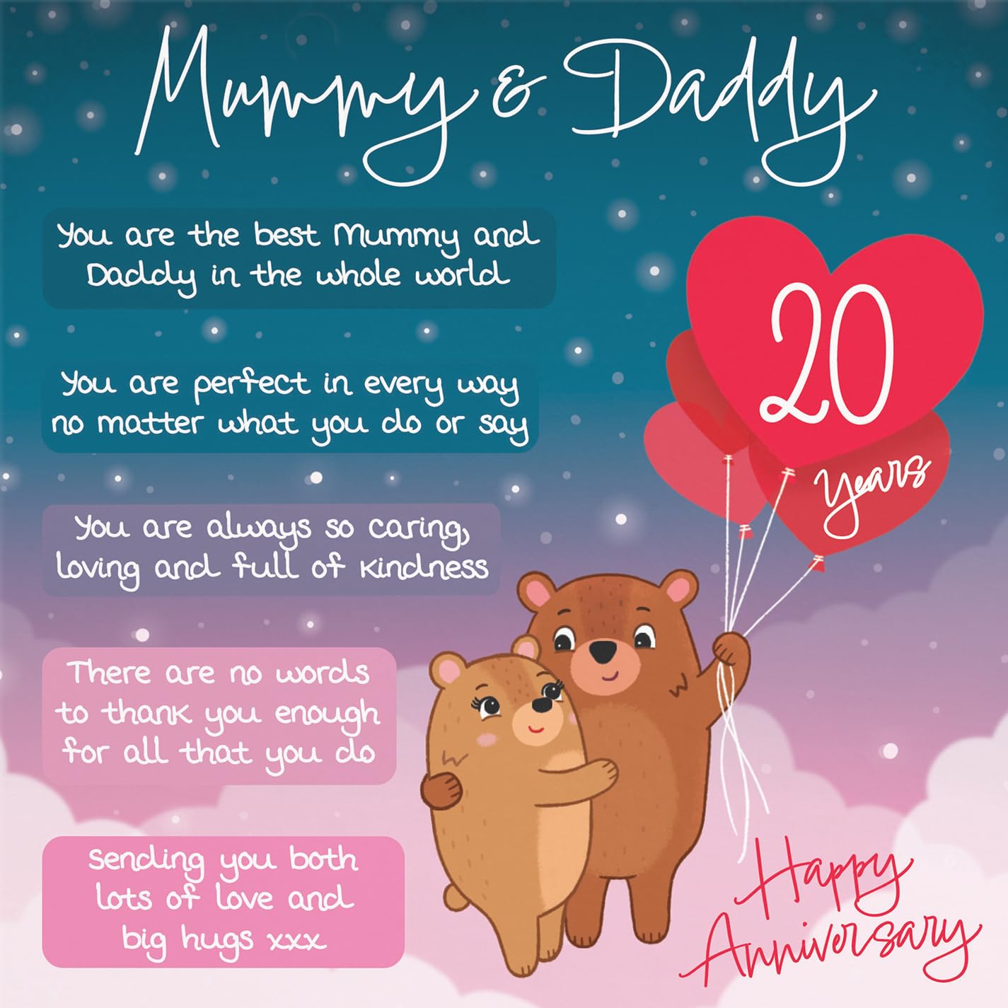 Hunts England - Mummy And Daddy 20th Anniversary Card - Starry Night - Cute Bears - Verse 20th Anniversary Card For Mummy And Daddy - Happy 20th Anniversary Poem Card For Parents - Image 2