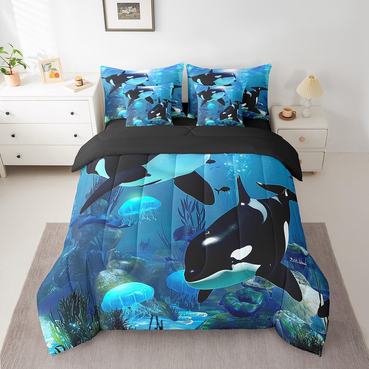 Erosebridal Teal Ocean Bedding Set Queen 7 Piece,Jellyfish Killer Whale Comforter Set with Sheets Underwater World Bed in A Bag Orcinus Orcas Deep Sea Animals Marine Life Bed Set