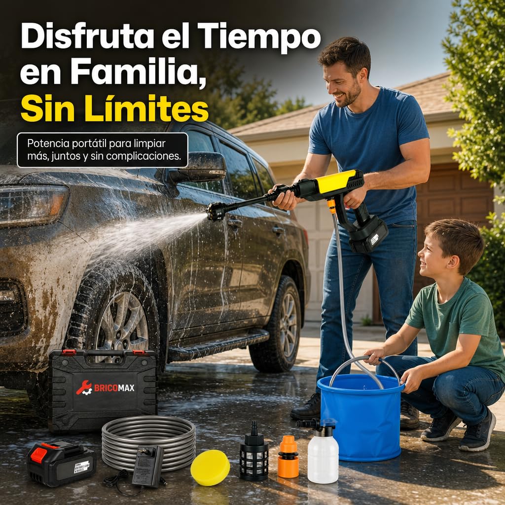 Hidrolimpiadora Batería Premium para Limpieza Alta PRESIÓN sin Cables 48V y Esponja - Pistola de Agua a Presión con Cubo Portátil - Hidrolavadora Portátil para el Coche, Jardín y Exteriores