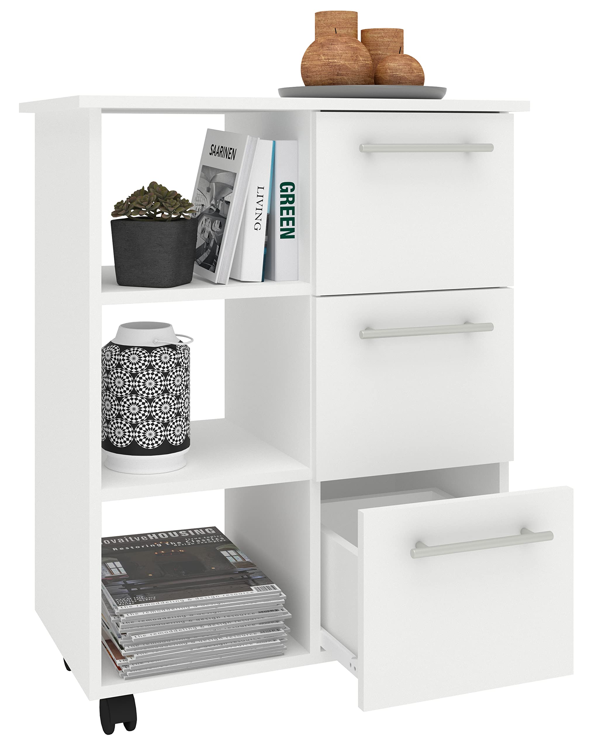 VCM Carro de Cocina de Madera Carro de Servicio Carro rodante Estantería Ruedas Cajón Esilo L Blanco