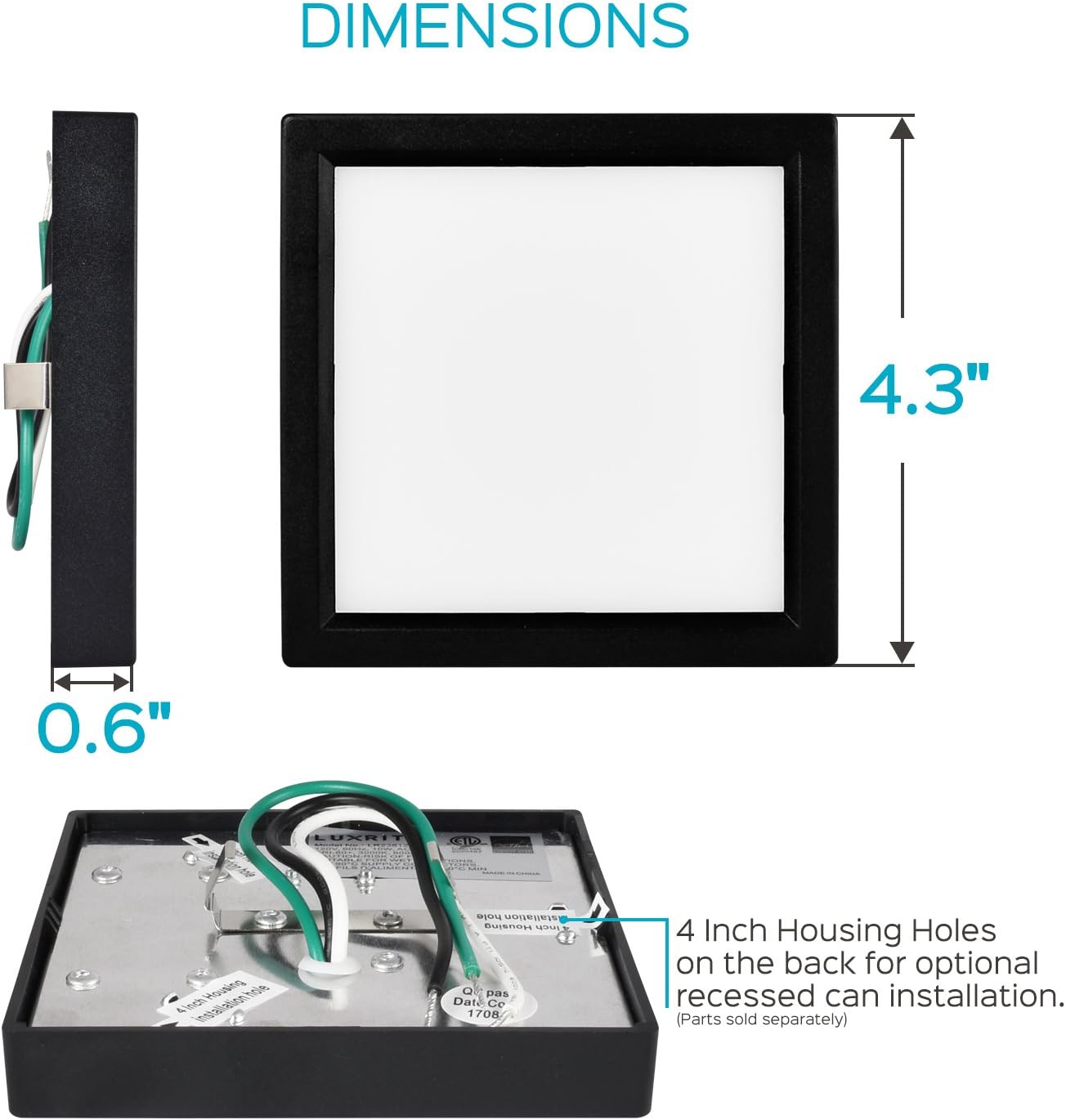 LUXRITE 4 Inch Square LED Flush Mount Ceiling Light, 10W, Black Finish, 5000K (Bright White), 600 Lumens, Dimmable, Surface Mount LED Ceiling Light, Wet Rated, Energy Star - Kitchen and Bathroom
