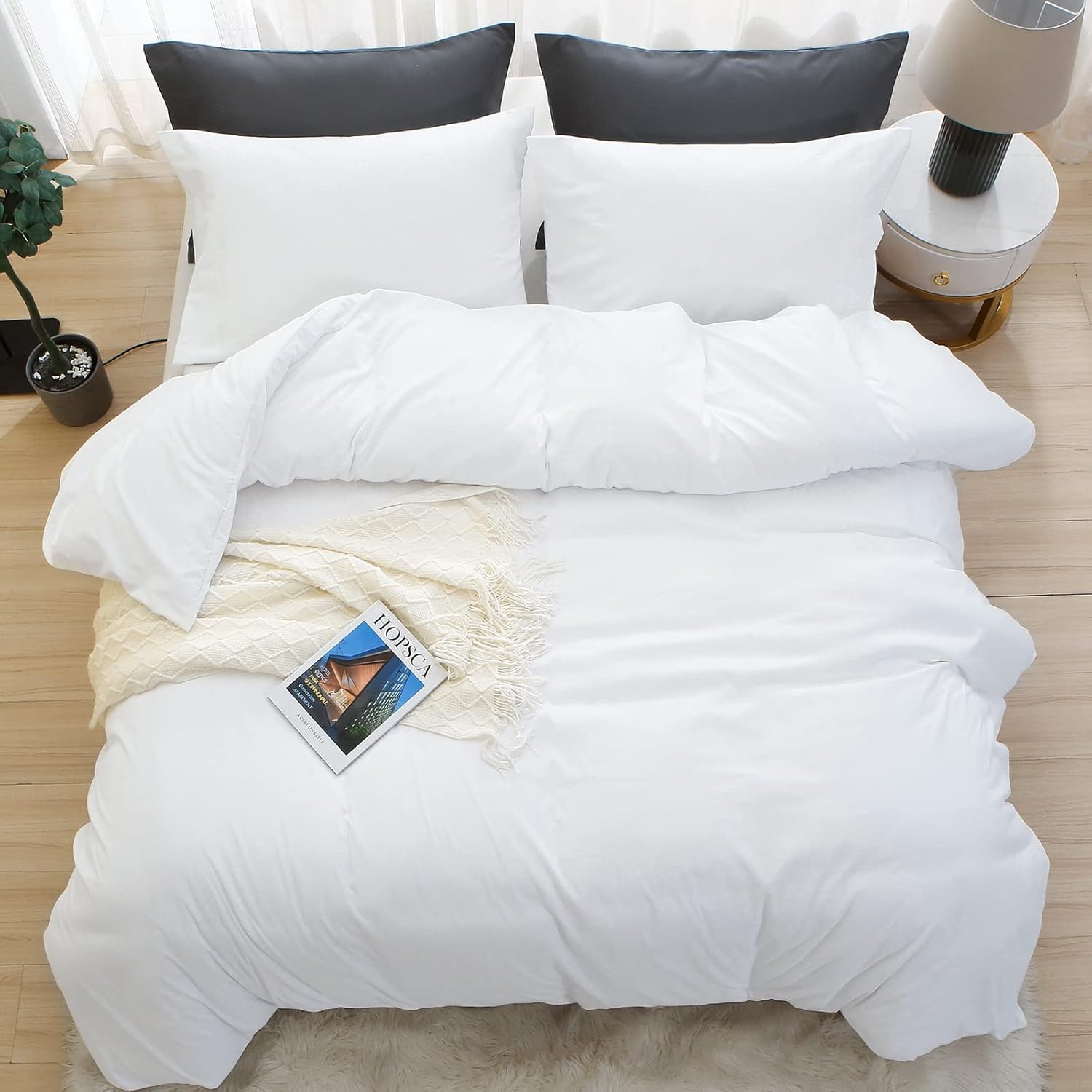 MUXHOMO Duvet Cover Queen Size, White Duvet Set Queen 3 Pieces, Cooling