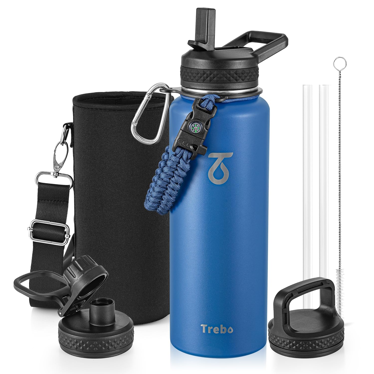 Trebo Borraccia Termica, Borraccia con Cannuccia Borraccia acciaio inox fredda per 48 ore Borraccia Termica Bottiglia in Metallo con Manico in Paracord, 1183 ml, Blu