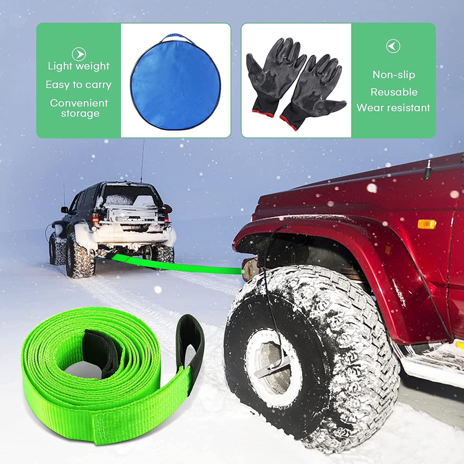 MAMIZO Gancio di Traino 5M x 5cm, Carico di Rottura 9T con 2 Ganci a U Rinforzati, un Paio di Guanti Antiscivolo e Una Borsa di Stoccaggio (verde), Cinghia di Traino di Emergenza per Auto.