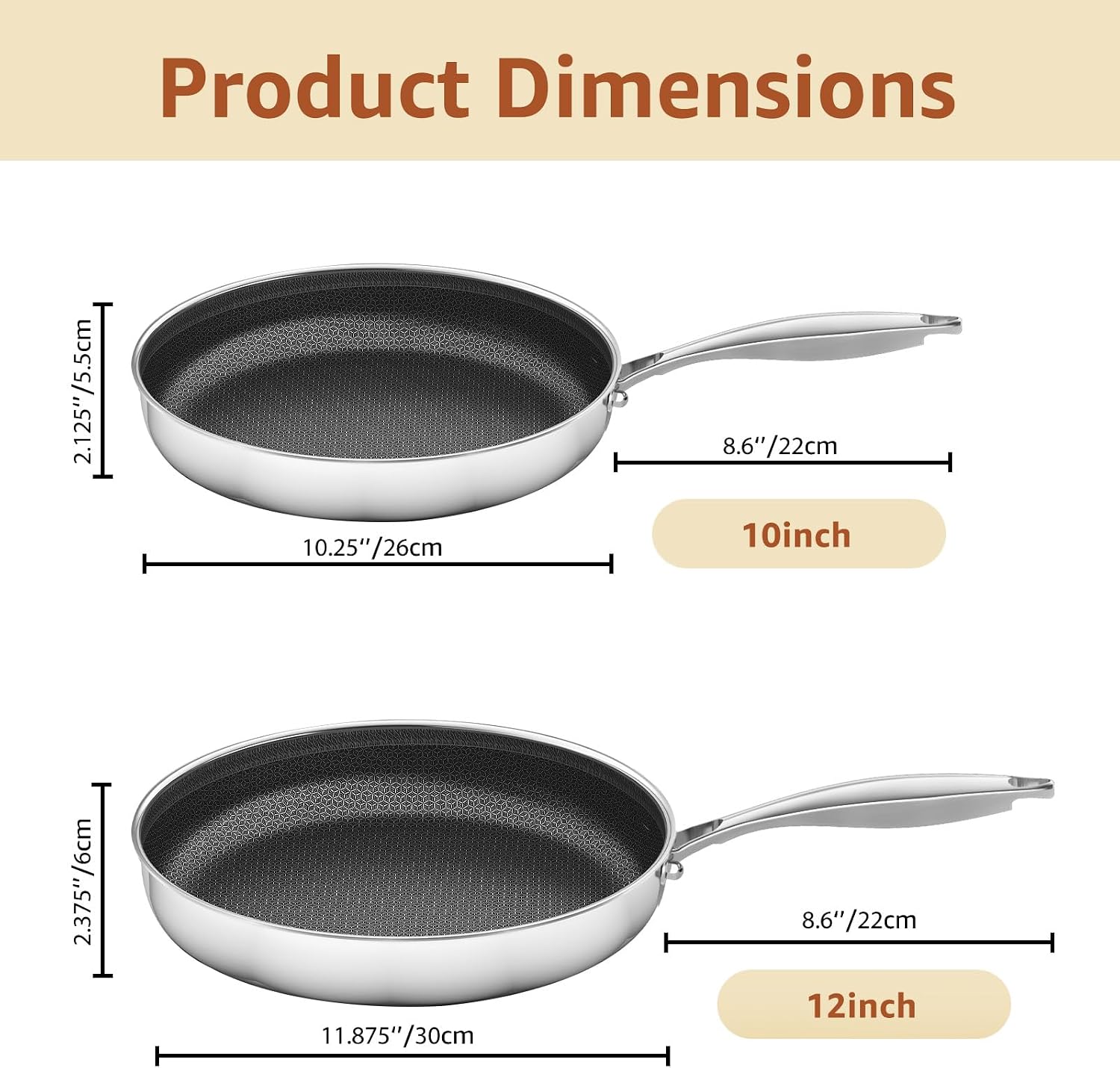 LOLYKITCH Frying Pan Set Nonstick10/12 Inch Stainless Steel Skillet with Detachable Handle and Glass Lids, Induction & Oven Safe, Professional Non-Toxic PFOA Free Pans for Everyday Cooking