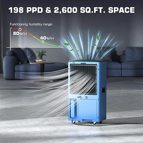 Miniatura 5 de Deshumidificador comercial con bomba y manguera de drenaje para gran espacio de 2,600 pies cuadrados - 198 pintas deshumidificador para habitación