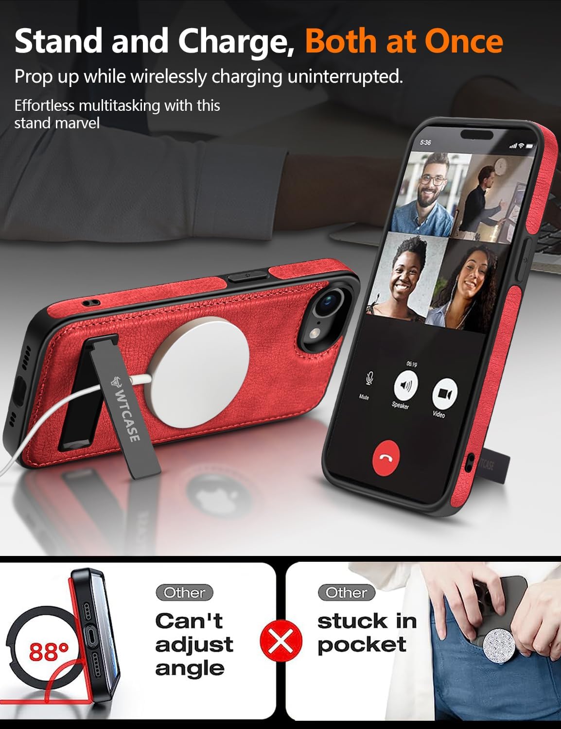 Magnetic for iPhone 16e Leather Case,Built-in Invisible Stand [Compatible with Magsafe] Protective Slim Kickstand Phone Cover Compatible with iPhone 16e (2025) 6.1" (Red) - Image 2